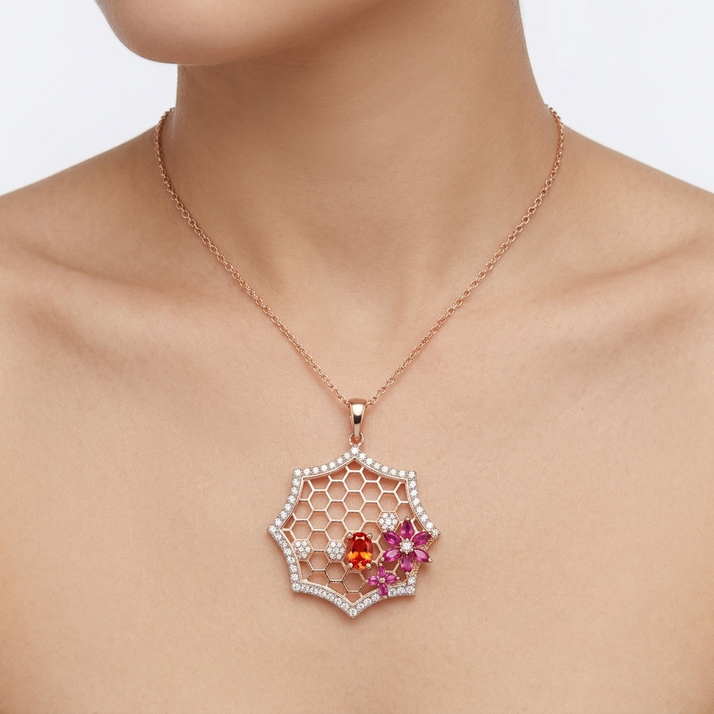 Flora Hexa Glow – Premium Geometric Floral Pendant Necklace in Rose Gold Finish
