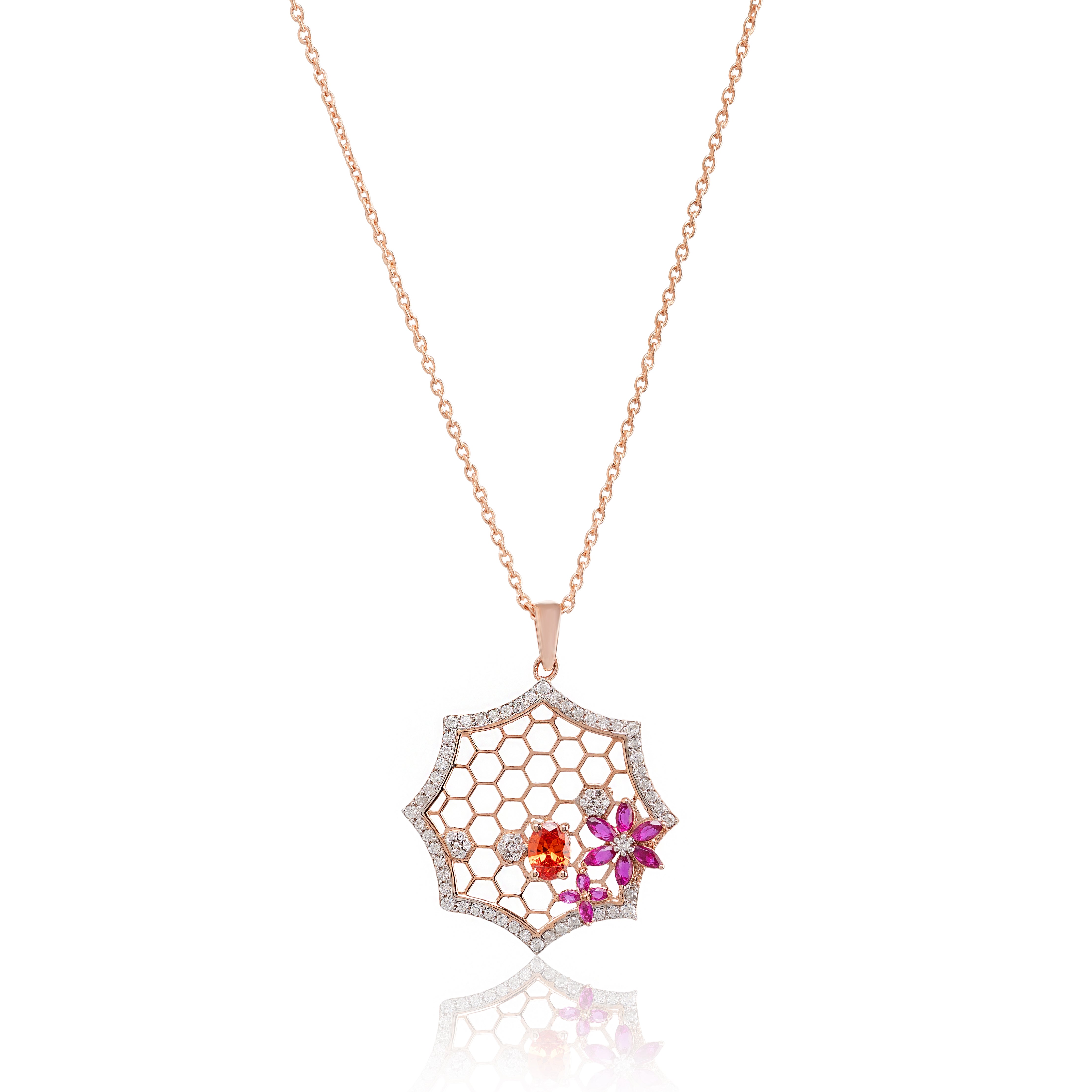 Flora Hexa Glow – Premium Geometric Floral Pendant Necklace in Rose Gold Finish