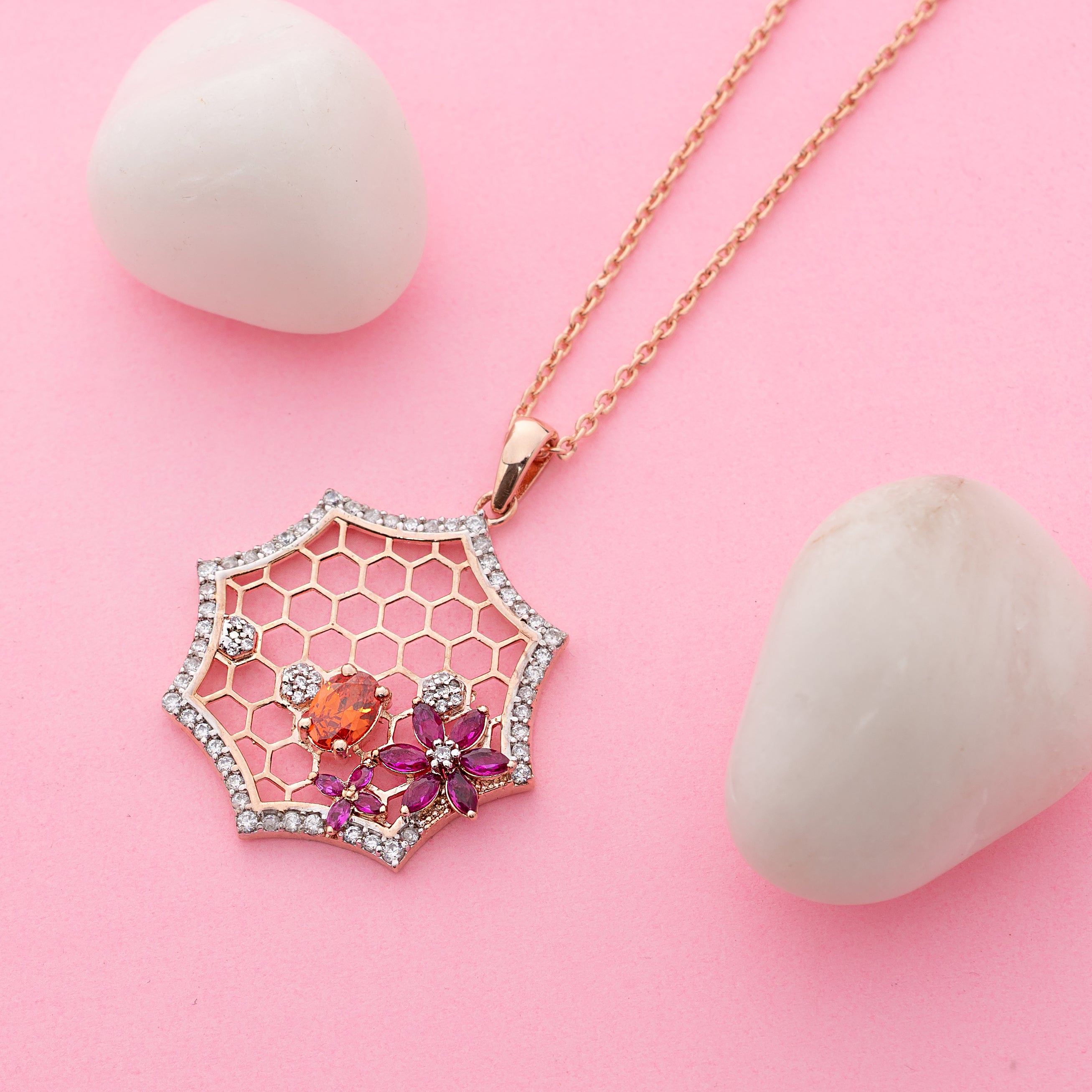 Flora Hexa Glow – Premium Geometric Floral Pendant Necklace in Rose Gold Finish