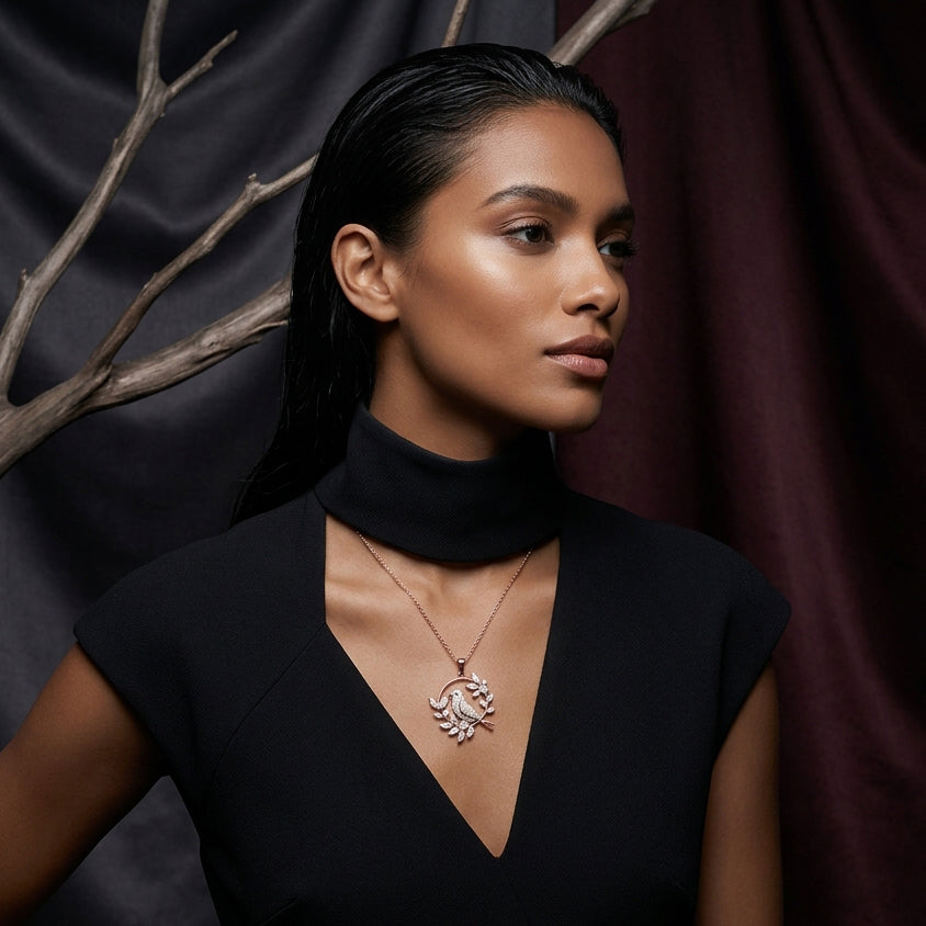 Aviary Halo – Premium Bird Motif Pendant Necklace in Rose Gold Finish