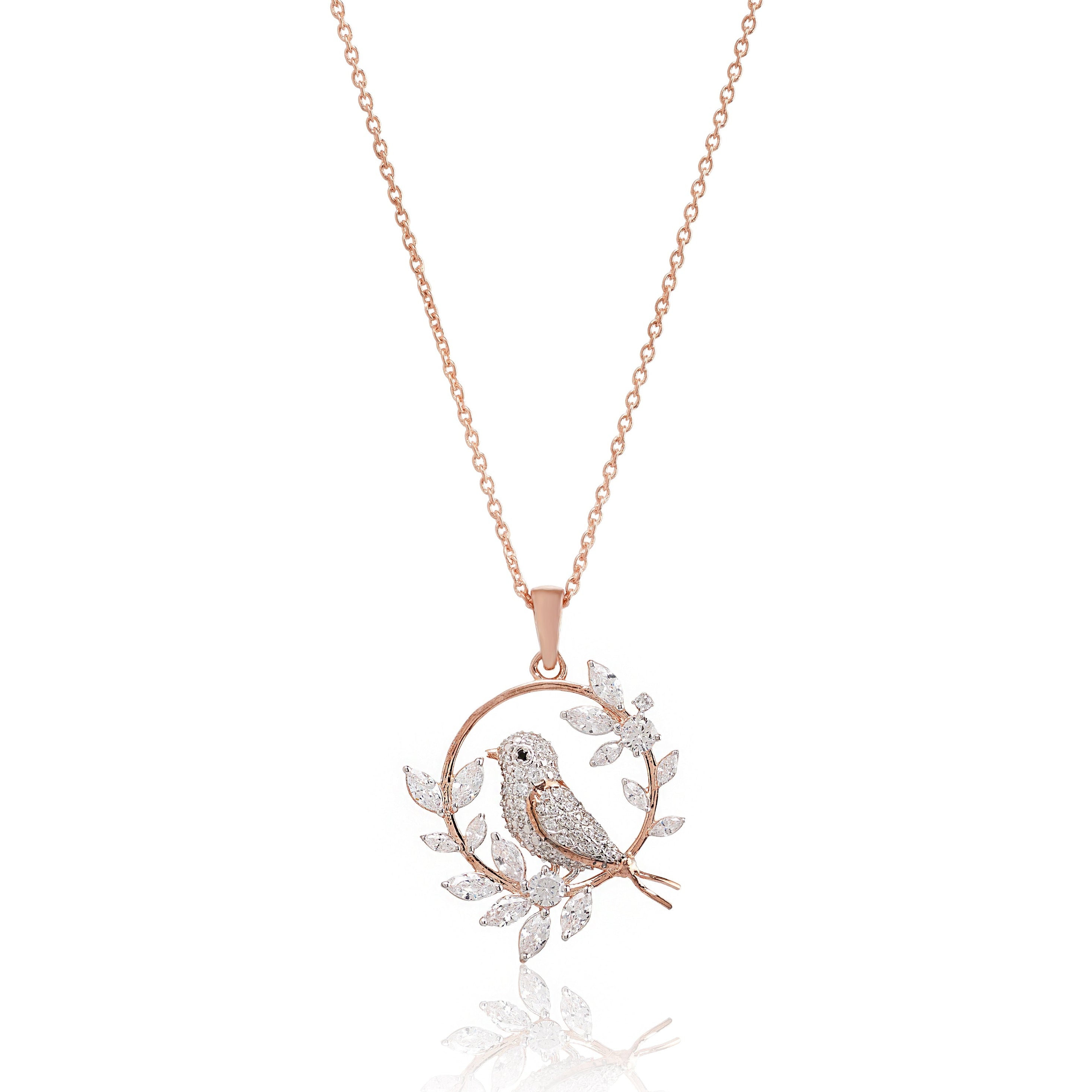Aviary Halo – Premium Bird Motif Pendant Necklace in Rose Gold Finish