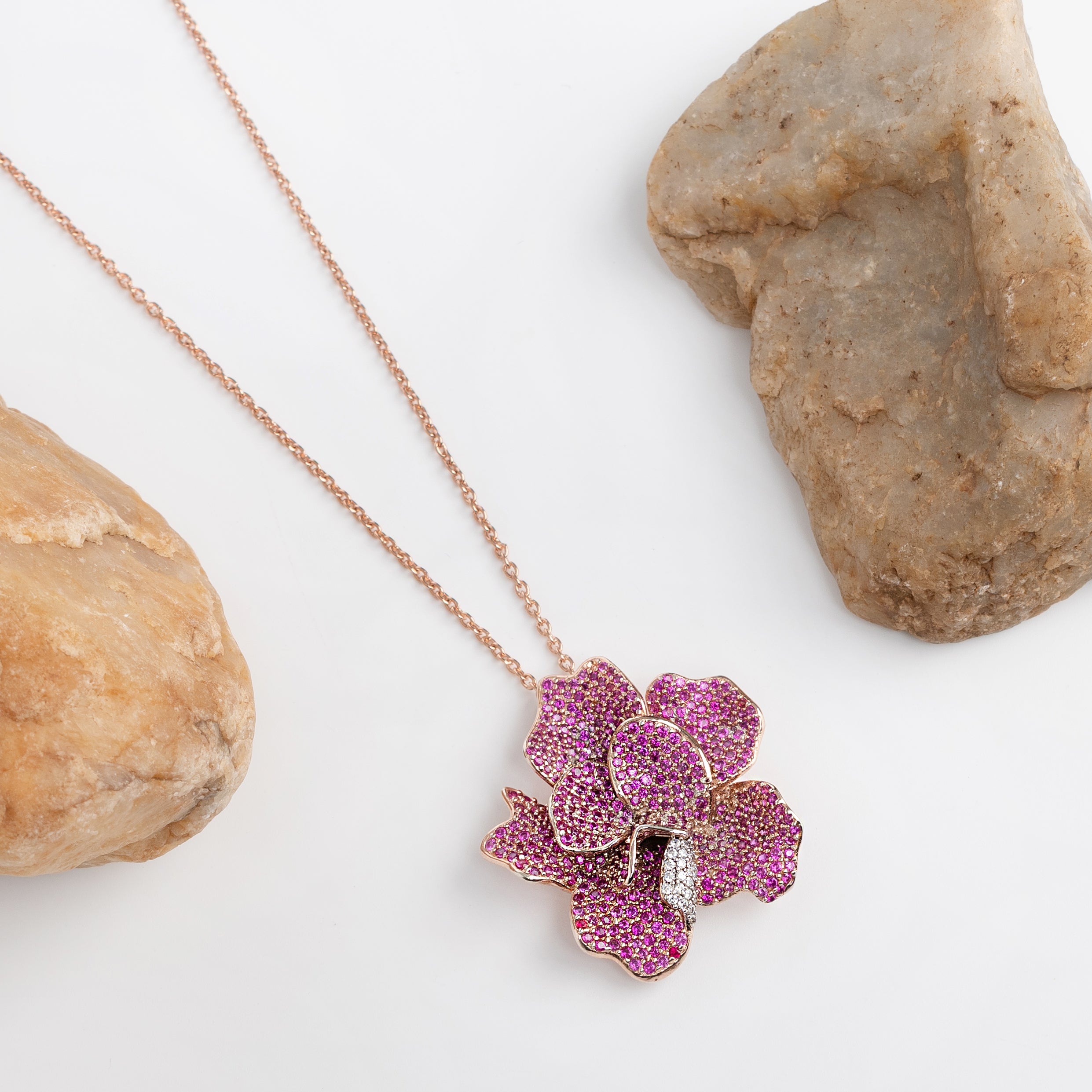 Blush Orchid Drip – Premium Floral Pendant in Rose Gold & Pink Stone Finish