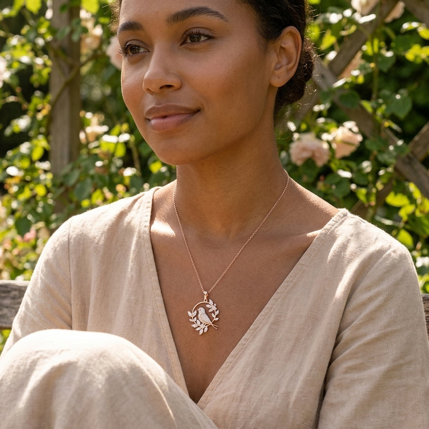 Aviary Halo – Premium Bird Motif Pendant Necklace in Rose Gold Finish