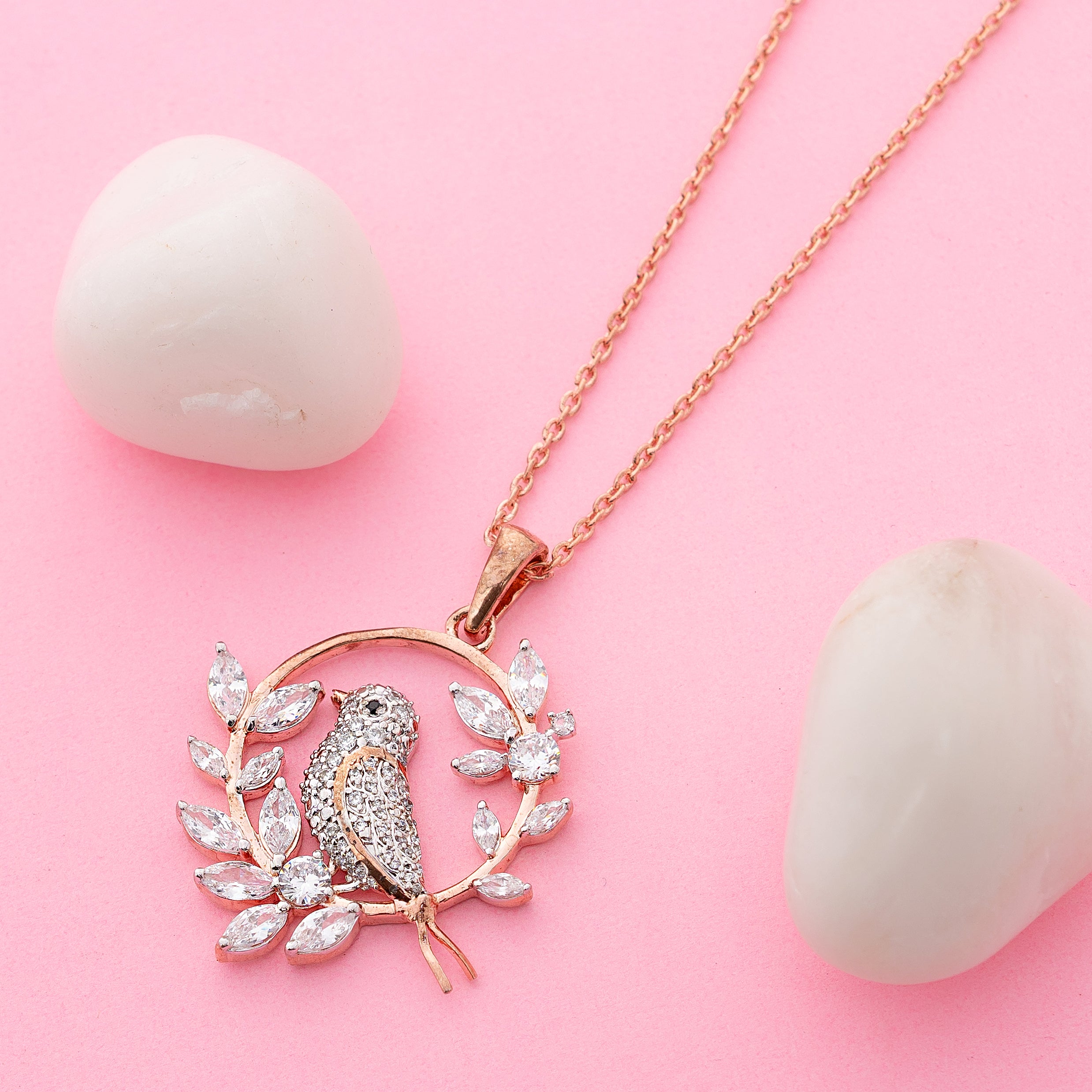 Aviary Halo – Premium Bird Motif Pendant Necklace in Rose Gold Finish