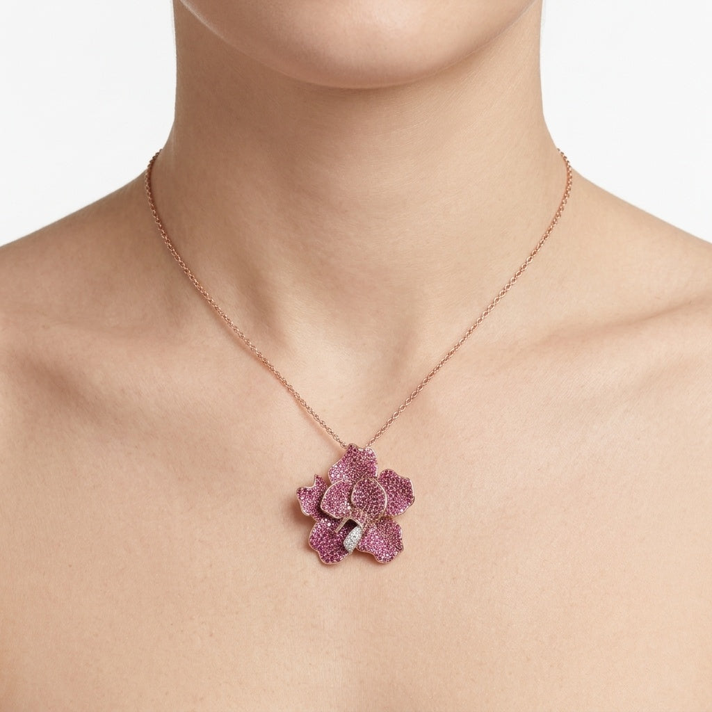 Blush Orchid Drip – Premium Floral Pendant in Rose Gold & Pink Stone Finish