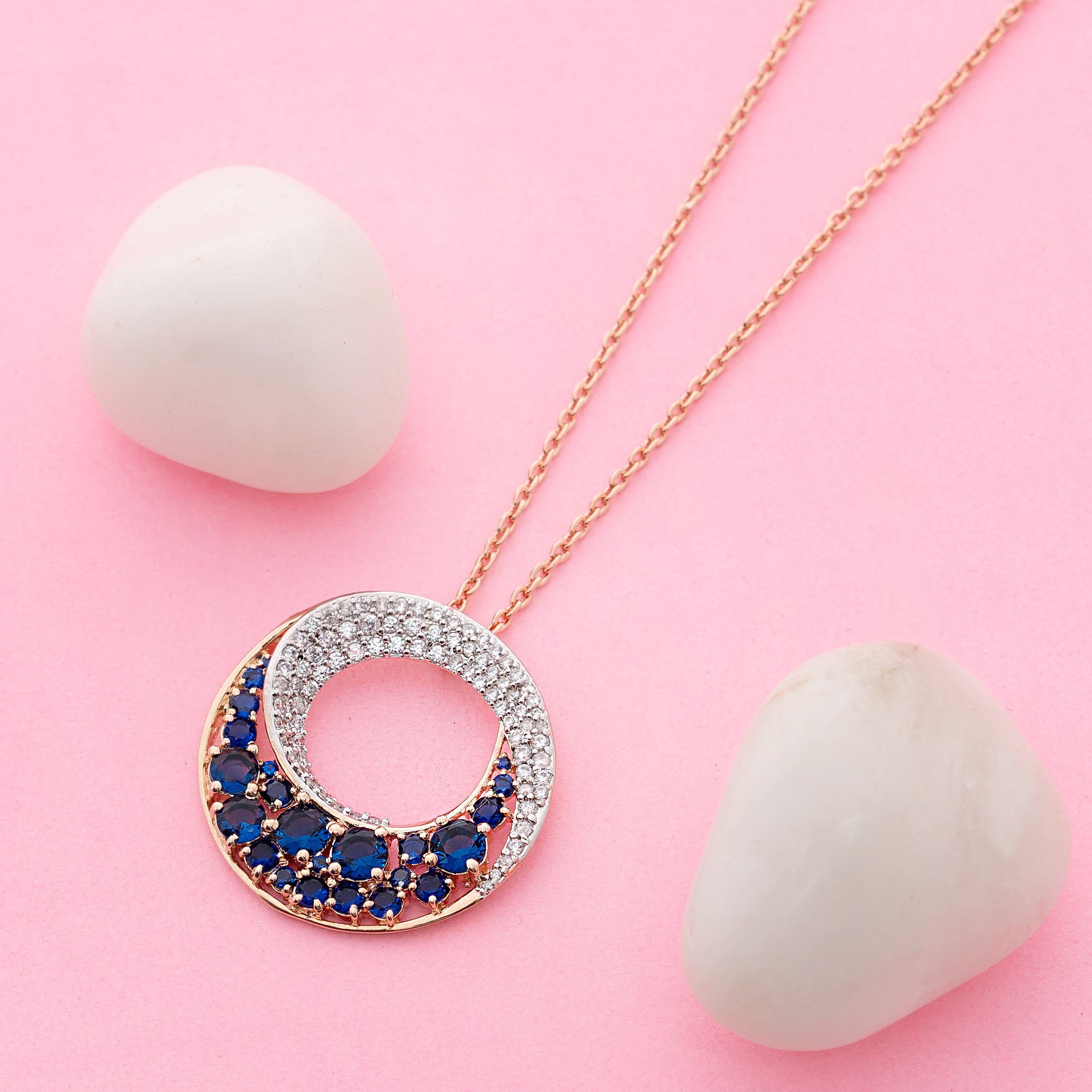Azure Halo – Premium Circular Pendant Necklace in Rose Gold Finish