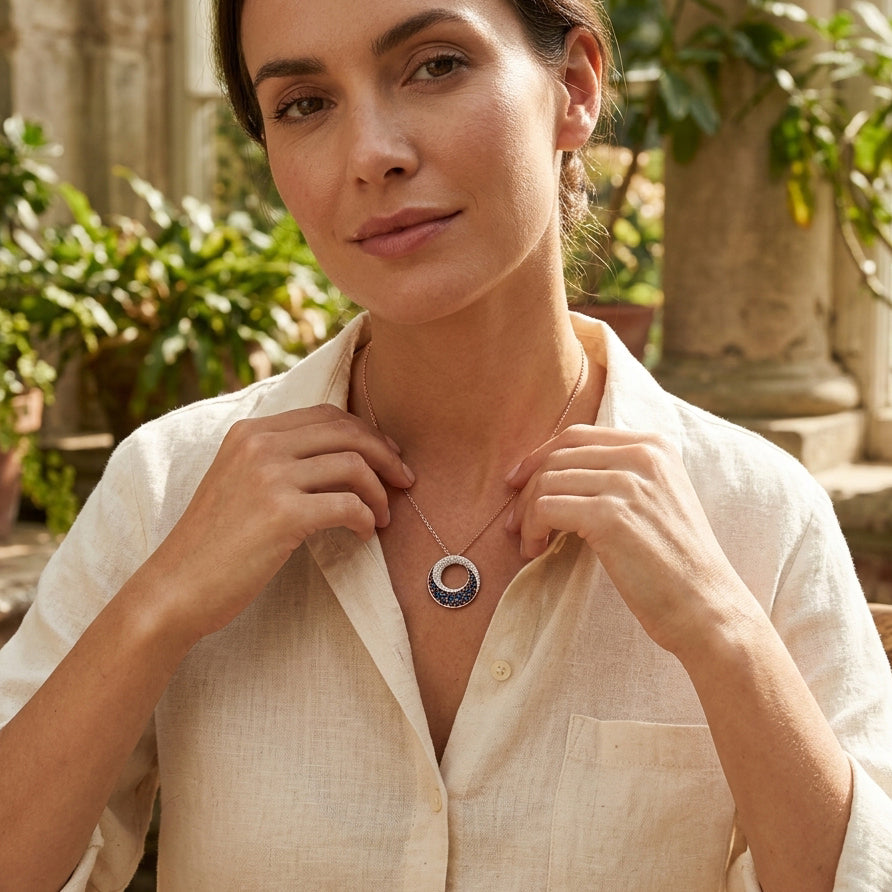 Azure Halo – Premium Circular Pendant Necklace in Rose Gold Finish