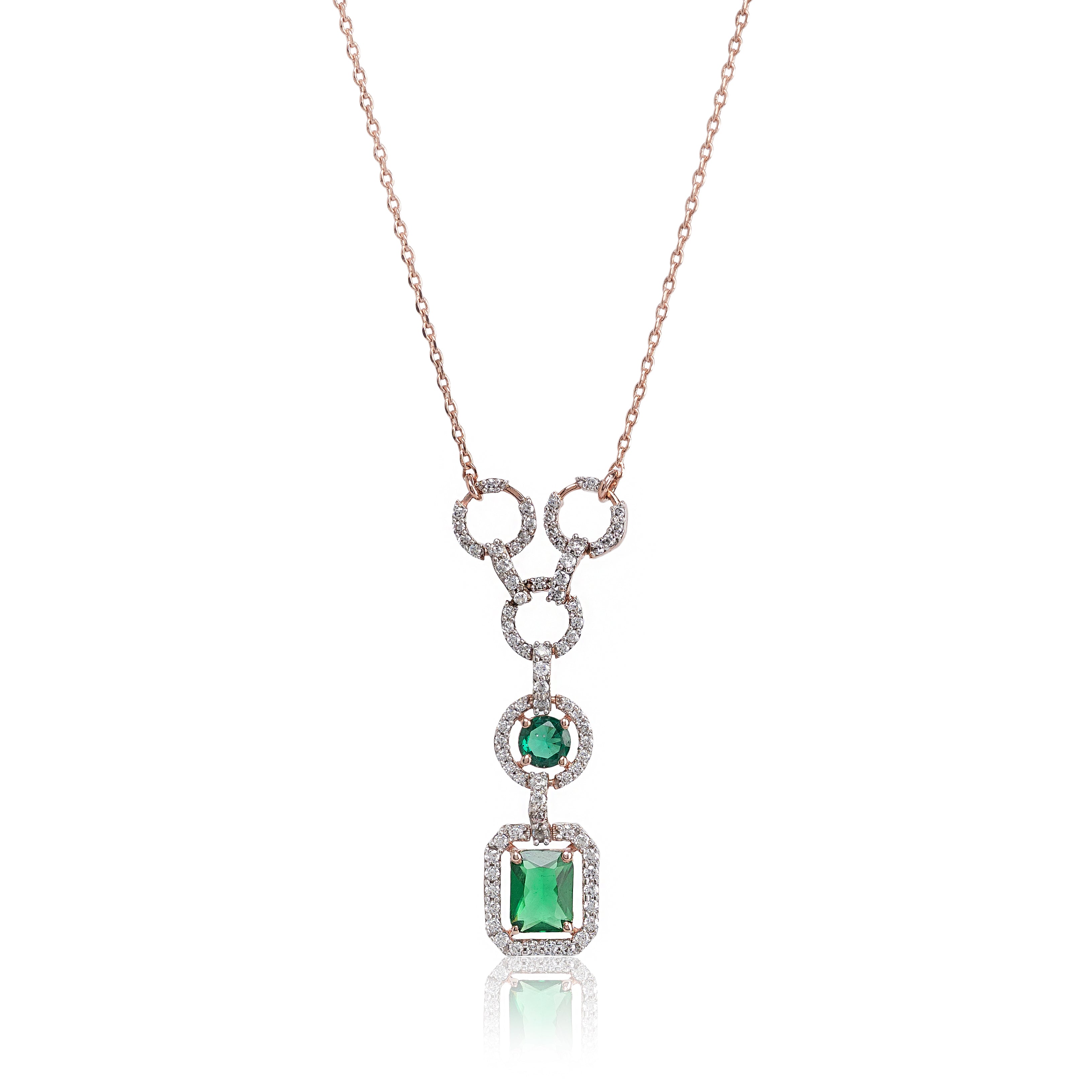 Emerald Axis Drop – Premium Pendant Necklace in Rose Gold with Green Stones