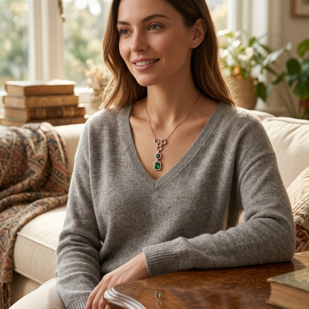 Emerald Axis Drop – Premium Pendant Necklace in Rose Gold with Green Stones