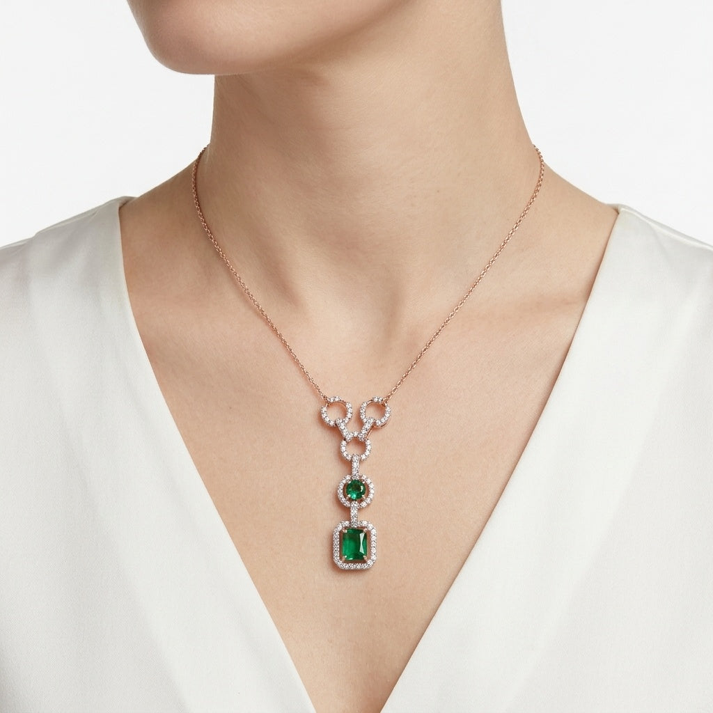 Emerald Axis Drop – Premium Pendant Necklace in Rose Gold with Green Stones