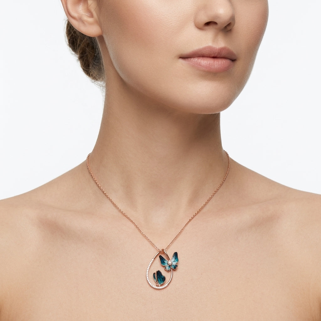Nocturne Flutter – Premium Butterfly Pendant Necklace in Rose Gold Finish