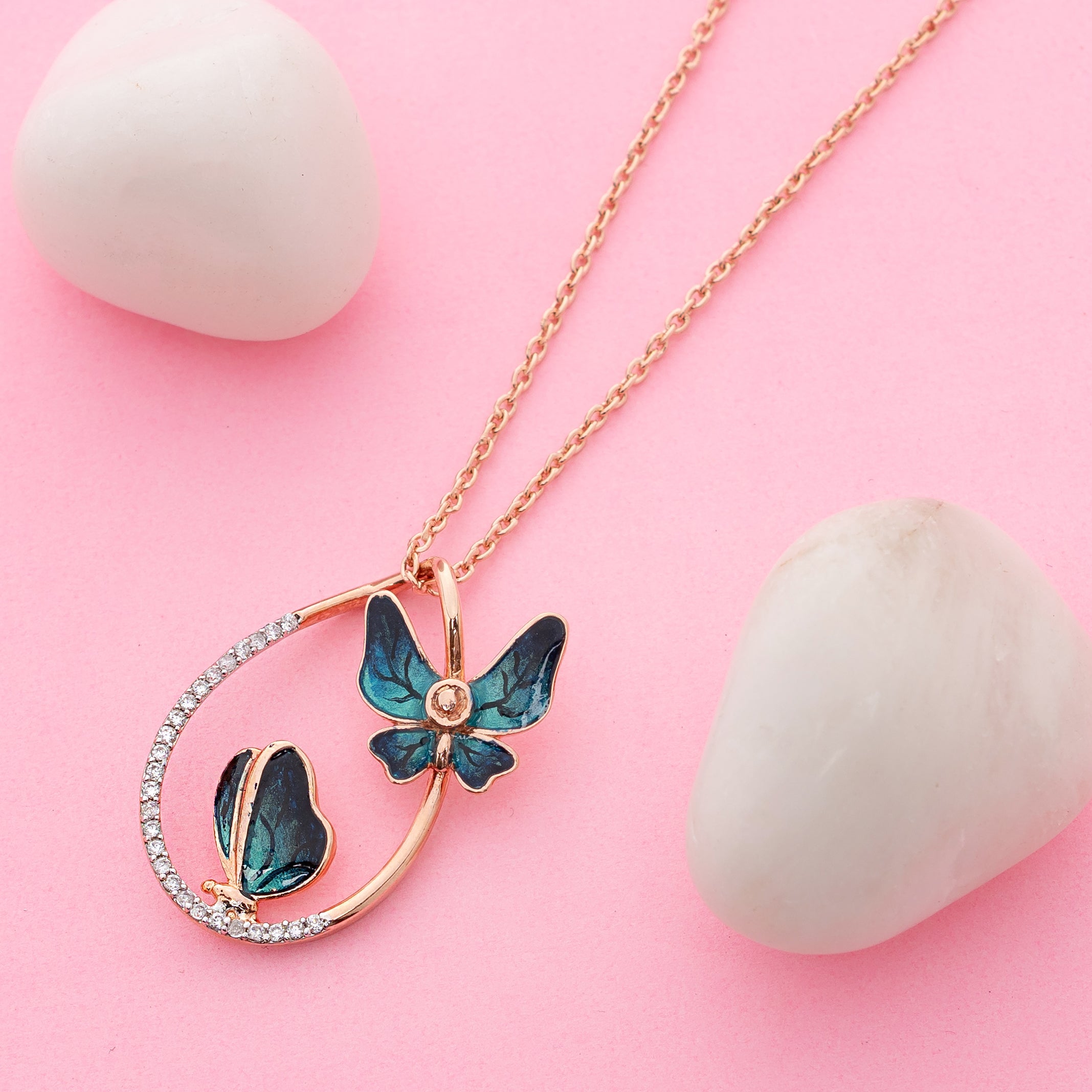 Nocturne Flutter – Premium Butterfly Pendant Necklace in Rose Gold Finish