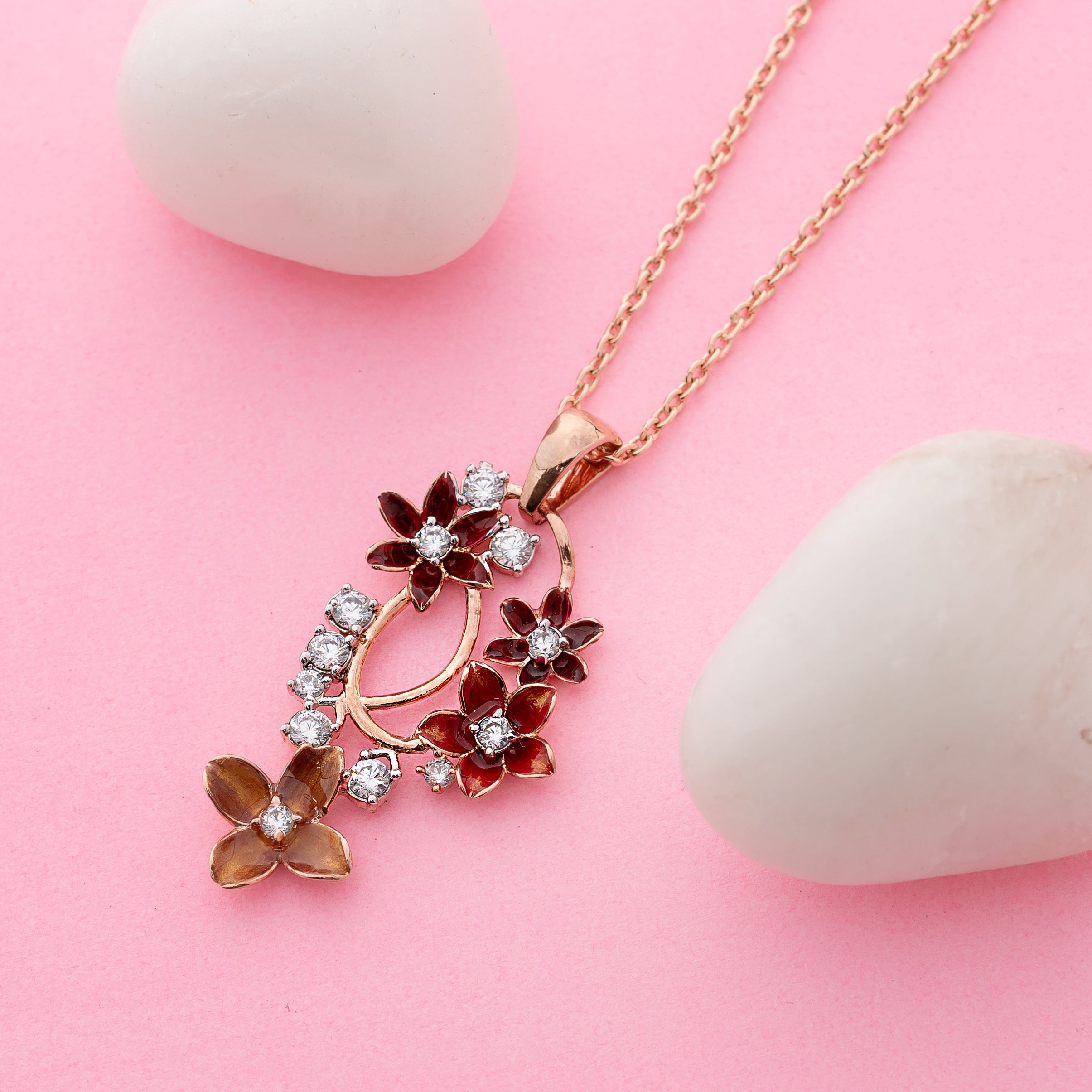 Crimson Bloom – Premium Floral Pendant Necklace in Rose Gold Finish