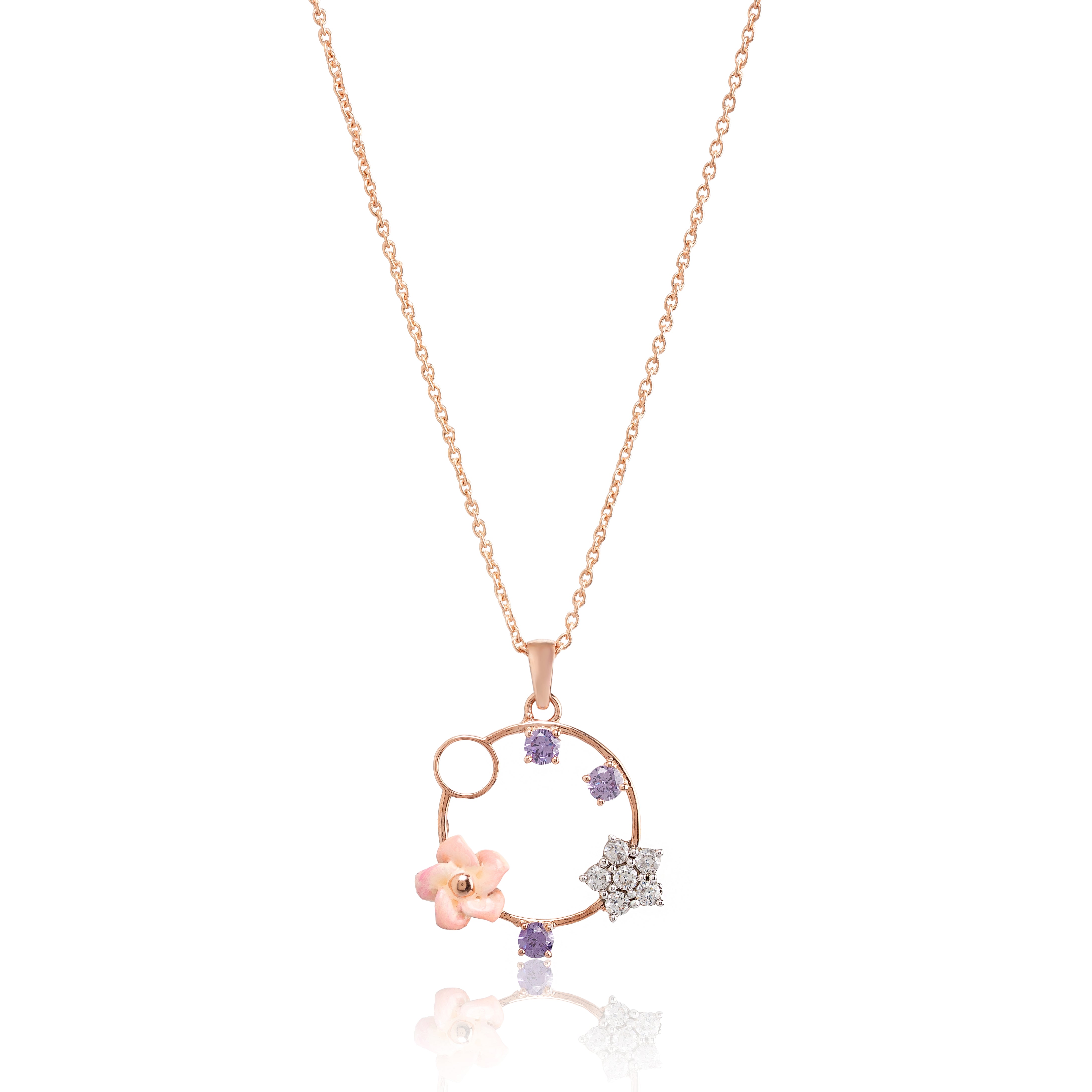 Blush Orbit – Premium Floral Halo Pendant Necklace in Rose Gold Finish