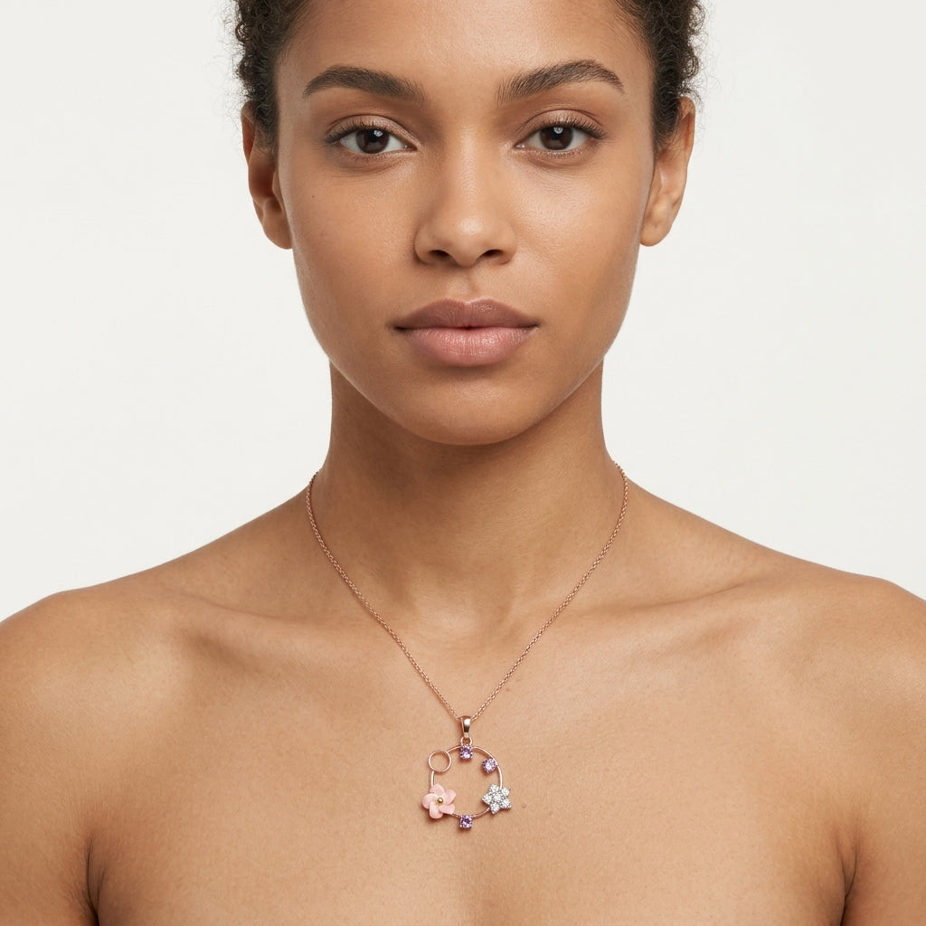 Blush Orbit – Premium Floral Halo Pendant Necklace in Rose Gold Finish