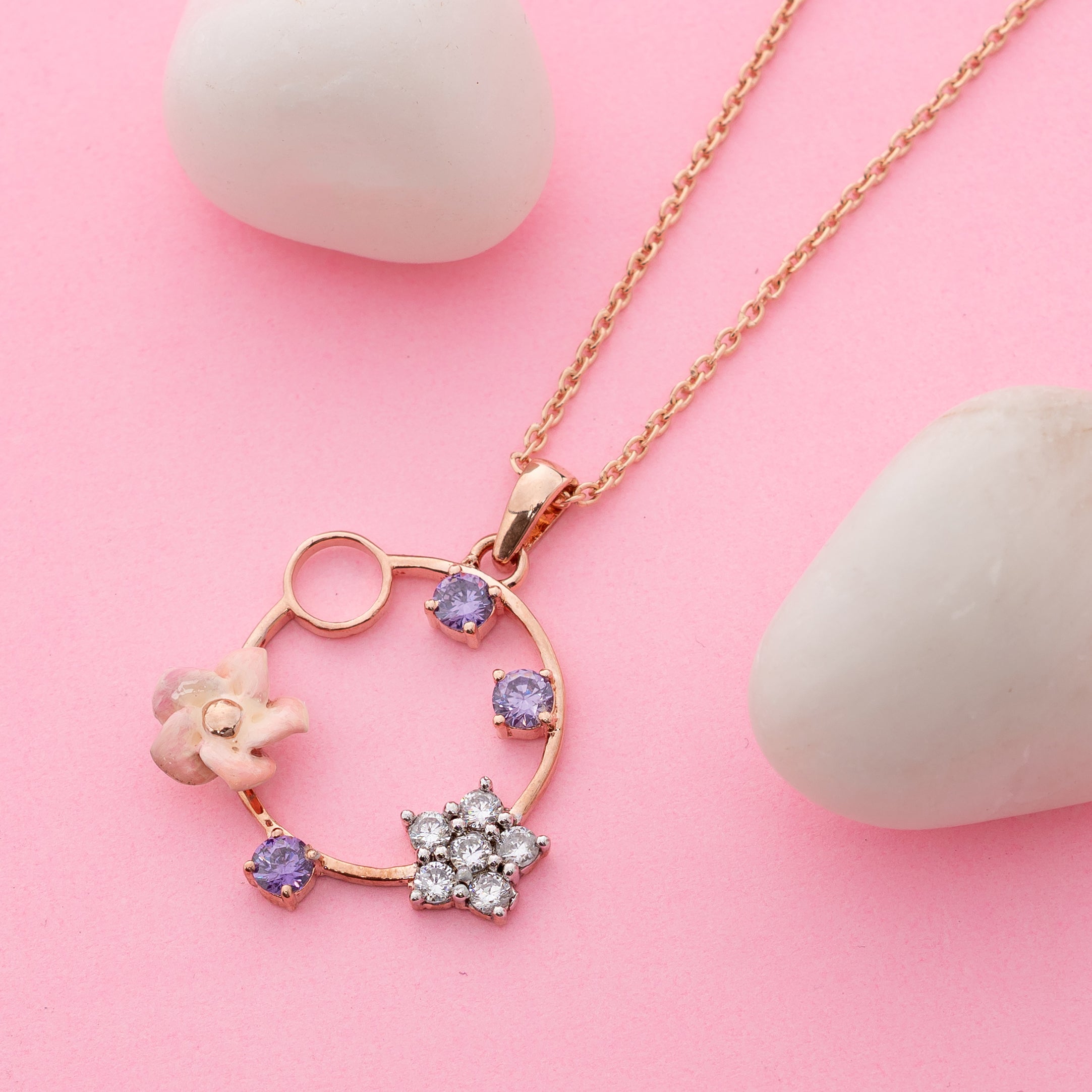 Blush Orbit – Premium Floral Halo Pendant Necklace in Rose Gold Finish