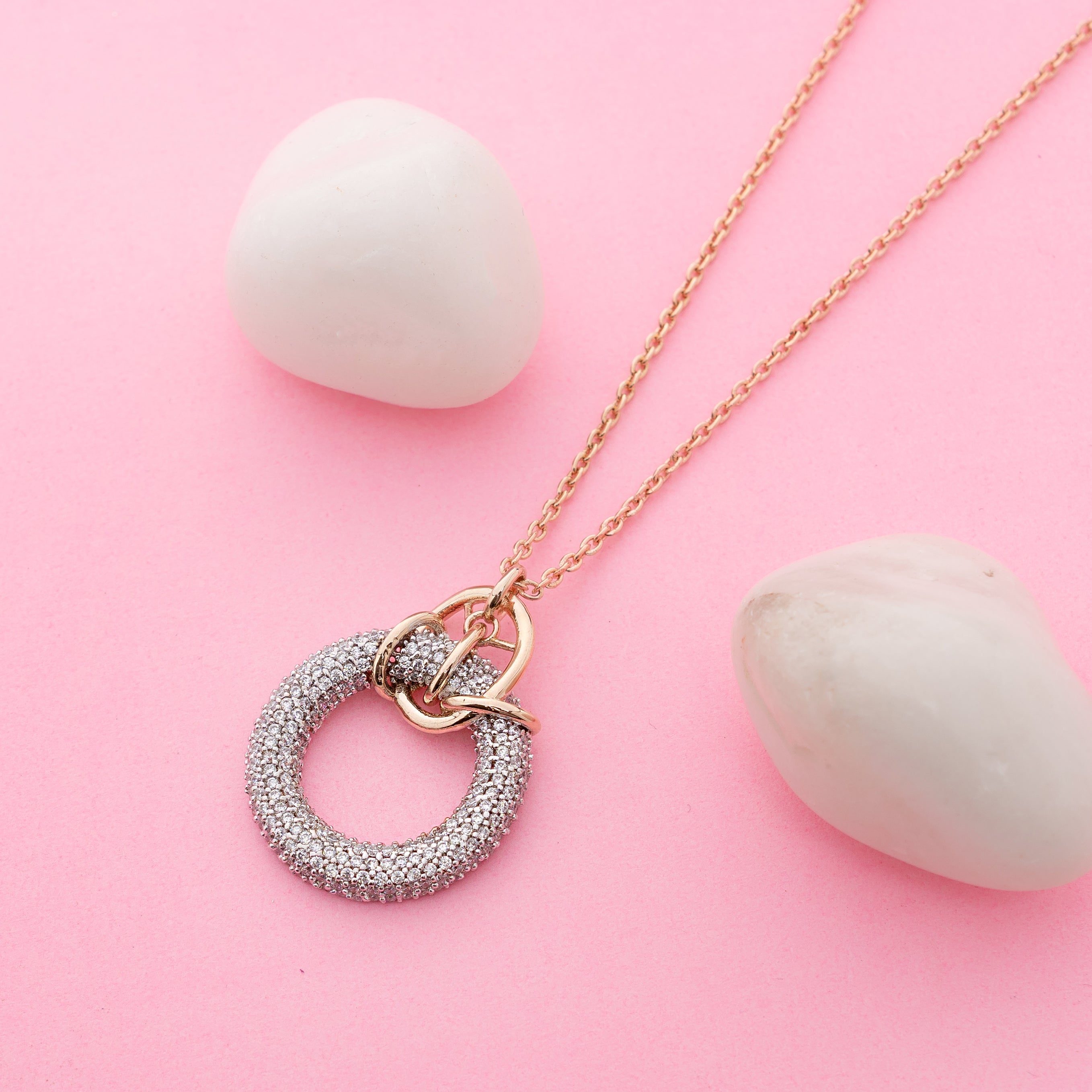 Eclipse Knot Halo – Premium Crystal Circle Pendant in Rose Gold