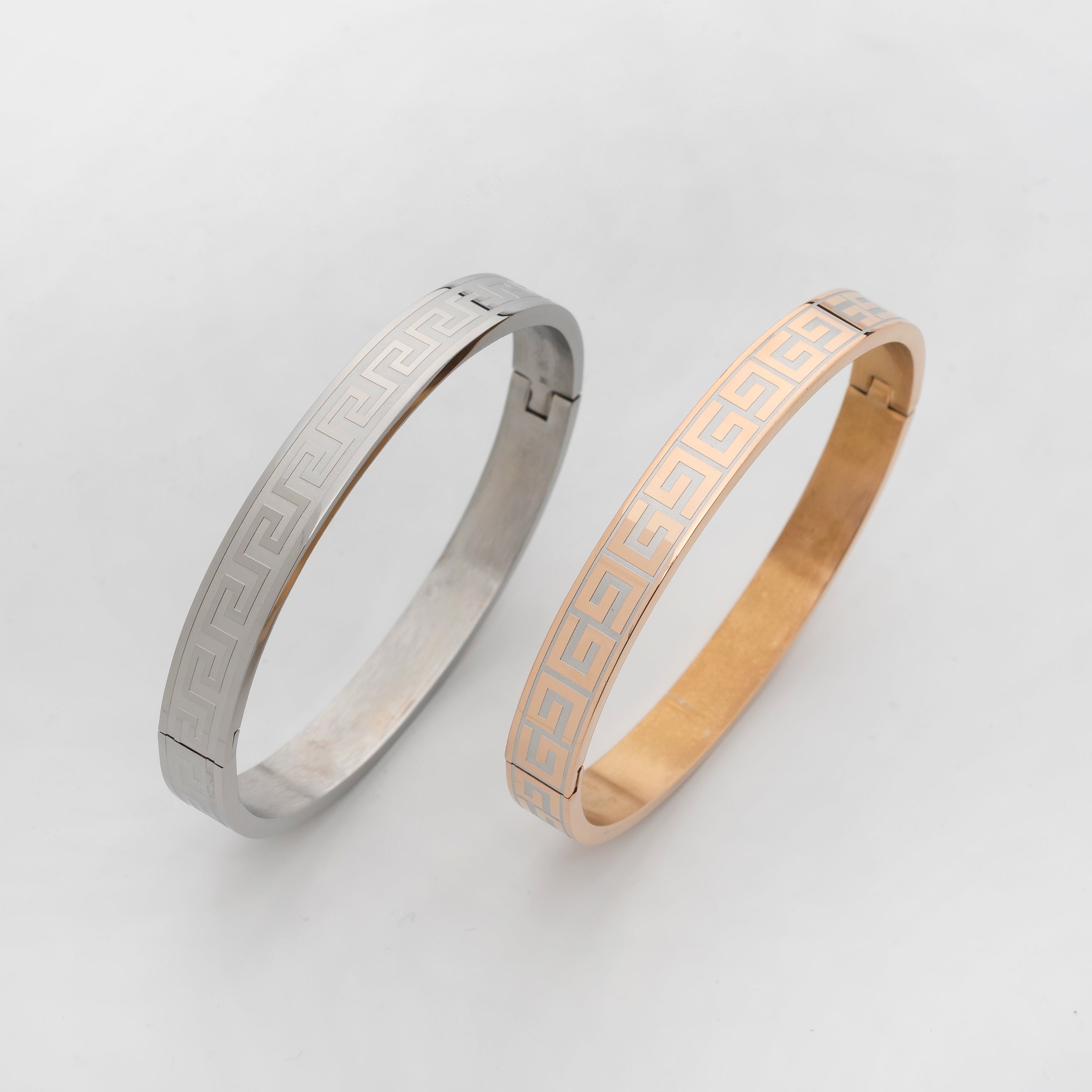 Helios Meander – Premium Men’s Stainless Steel Greek Key Cuff Bracelet in Silver & Rose Gold