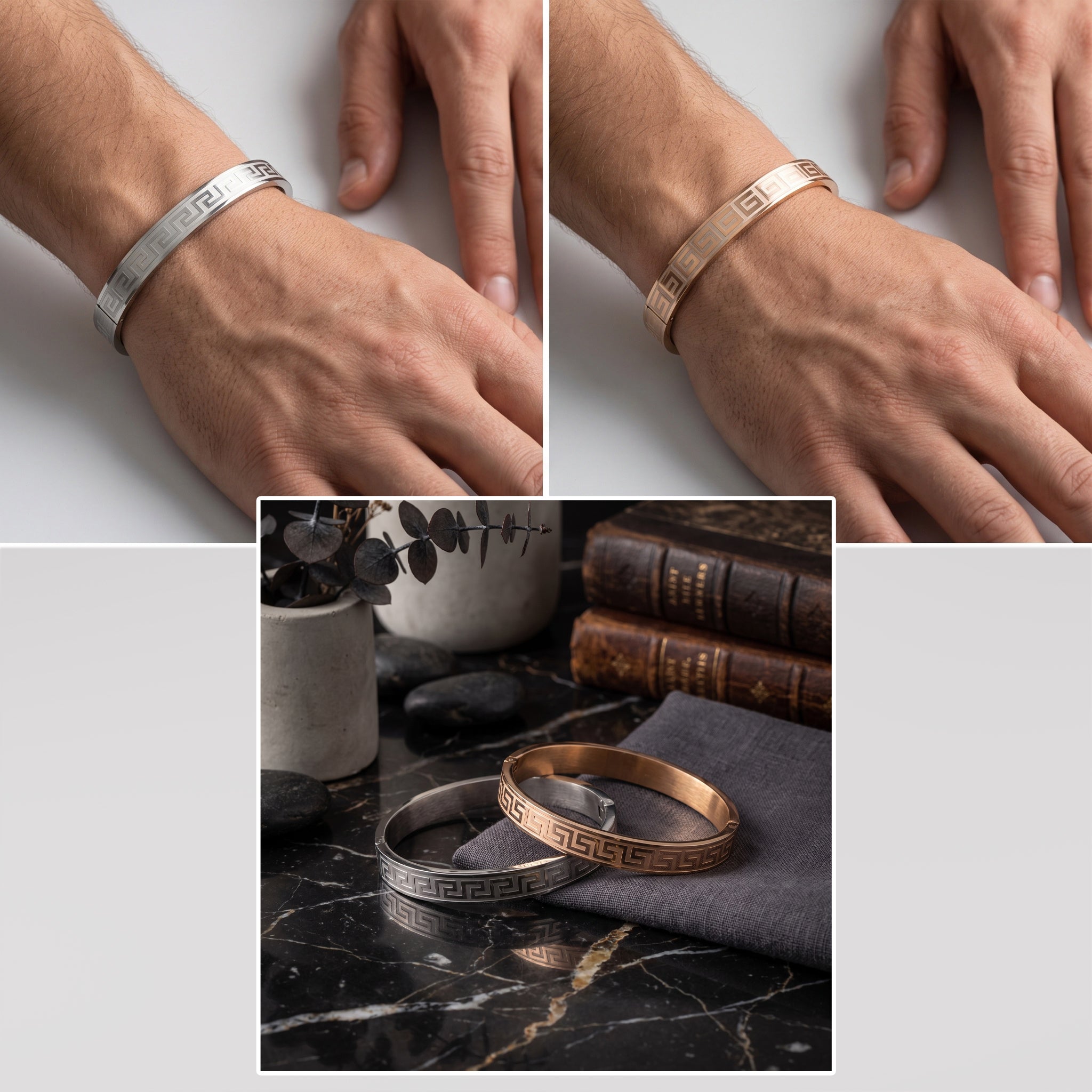 Helios Meander – Premium Men’s Stainless Steel Greek Key Cuff Bracelet in Silver & Rose Gold