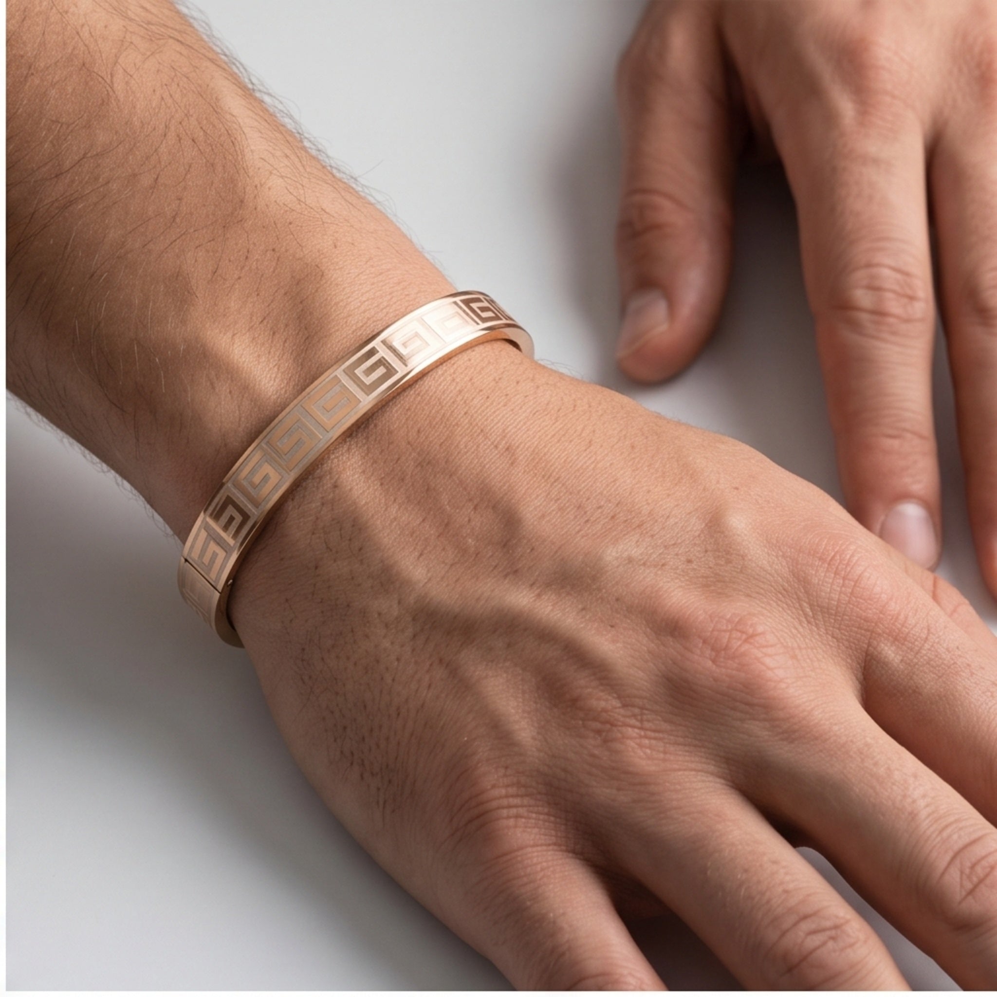 Helios Meander – Premium Men’s Stainless Steel Greek Key Cuff Bracelet in Silver & Rose Gold