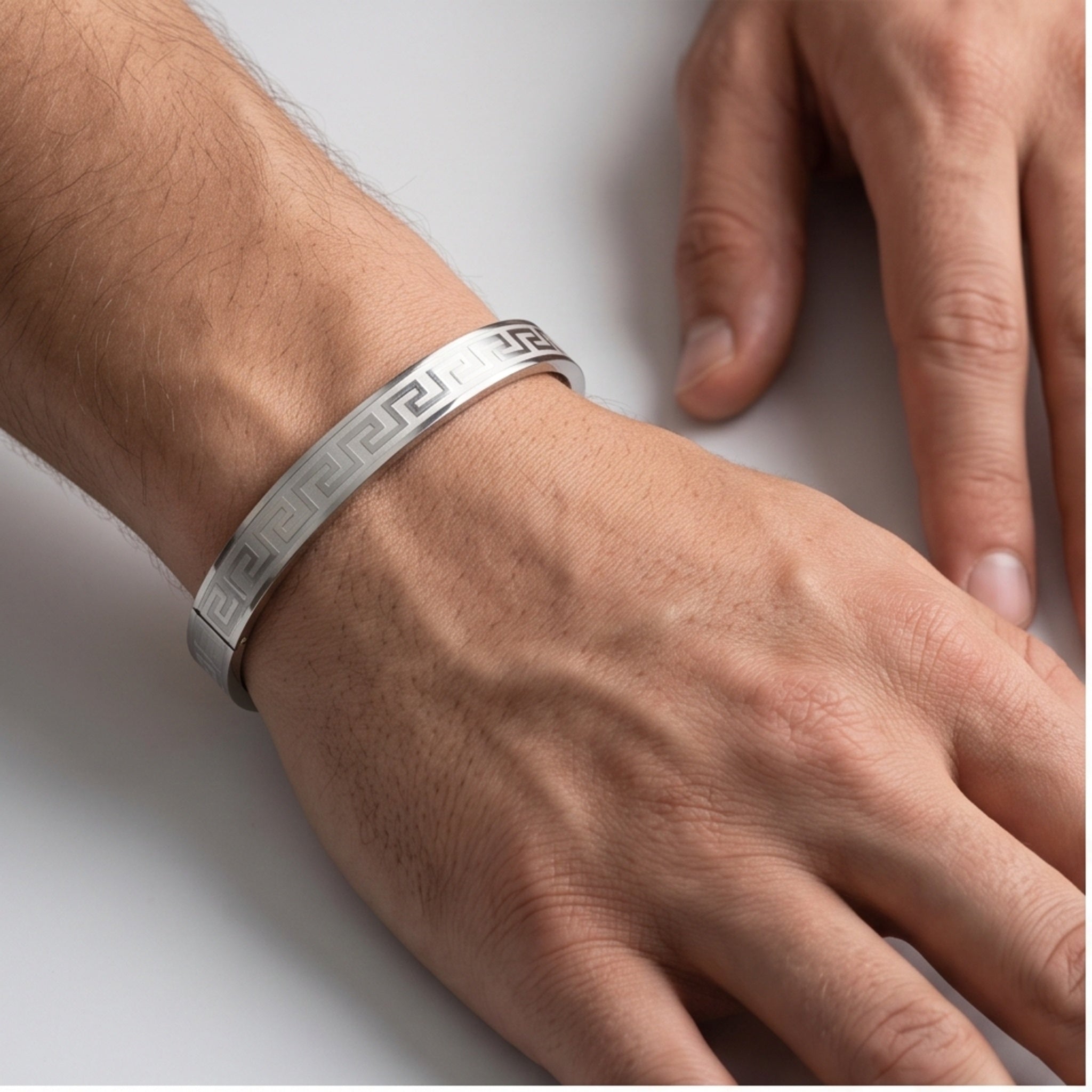 Helios Meander – Premium Men’s Stainless Steel Greek Key Cuff Bracelet in Silver & Rose Gold