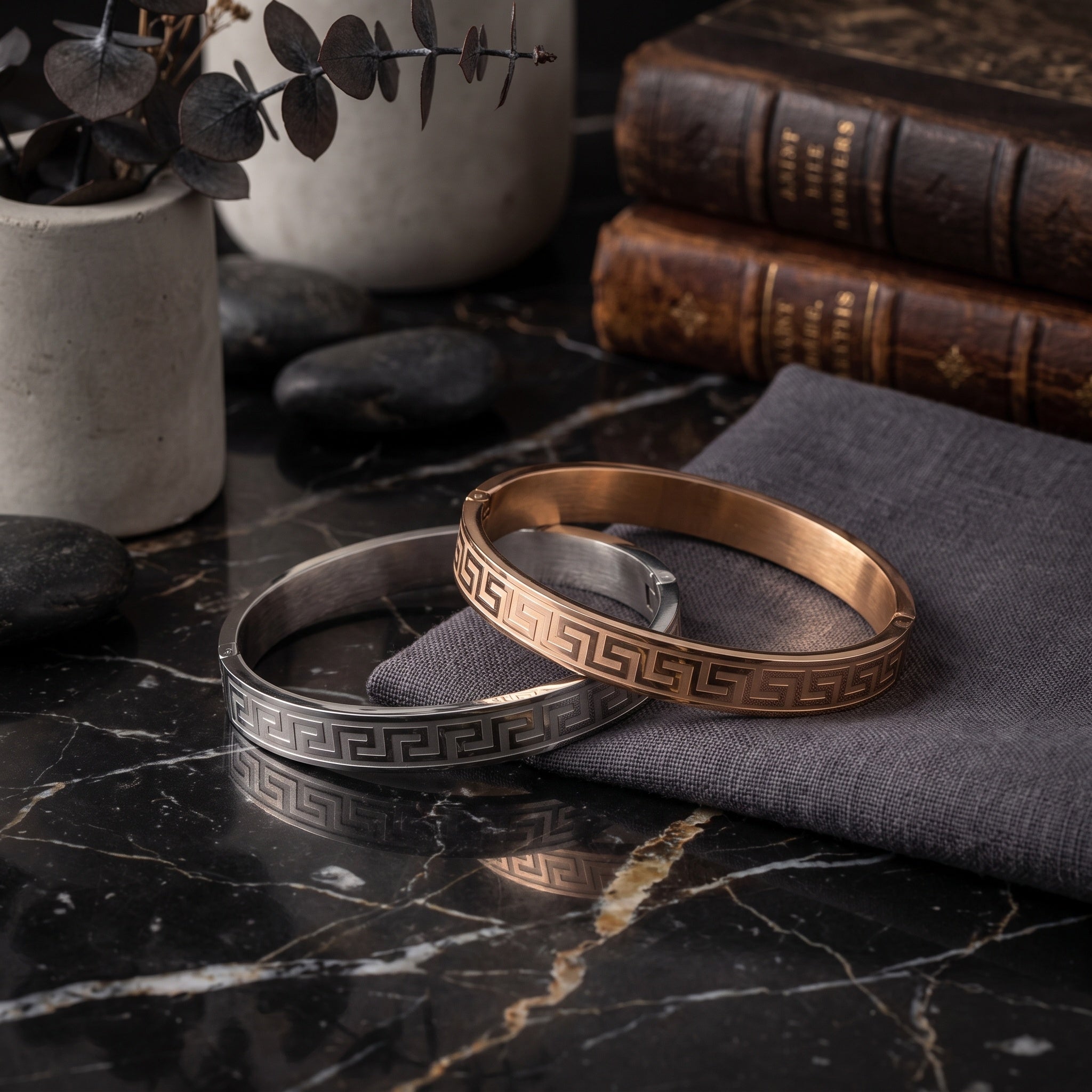 Helios Meander – Premium Men’s Stainless Steel Greek Key Cuff Bracelet in Silver & Rose Gold