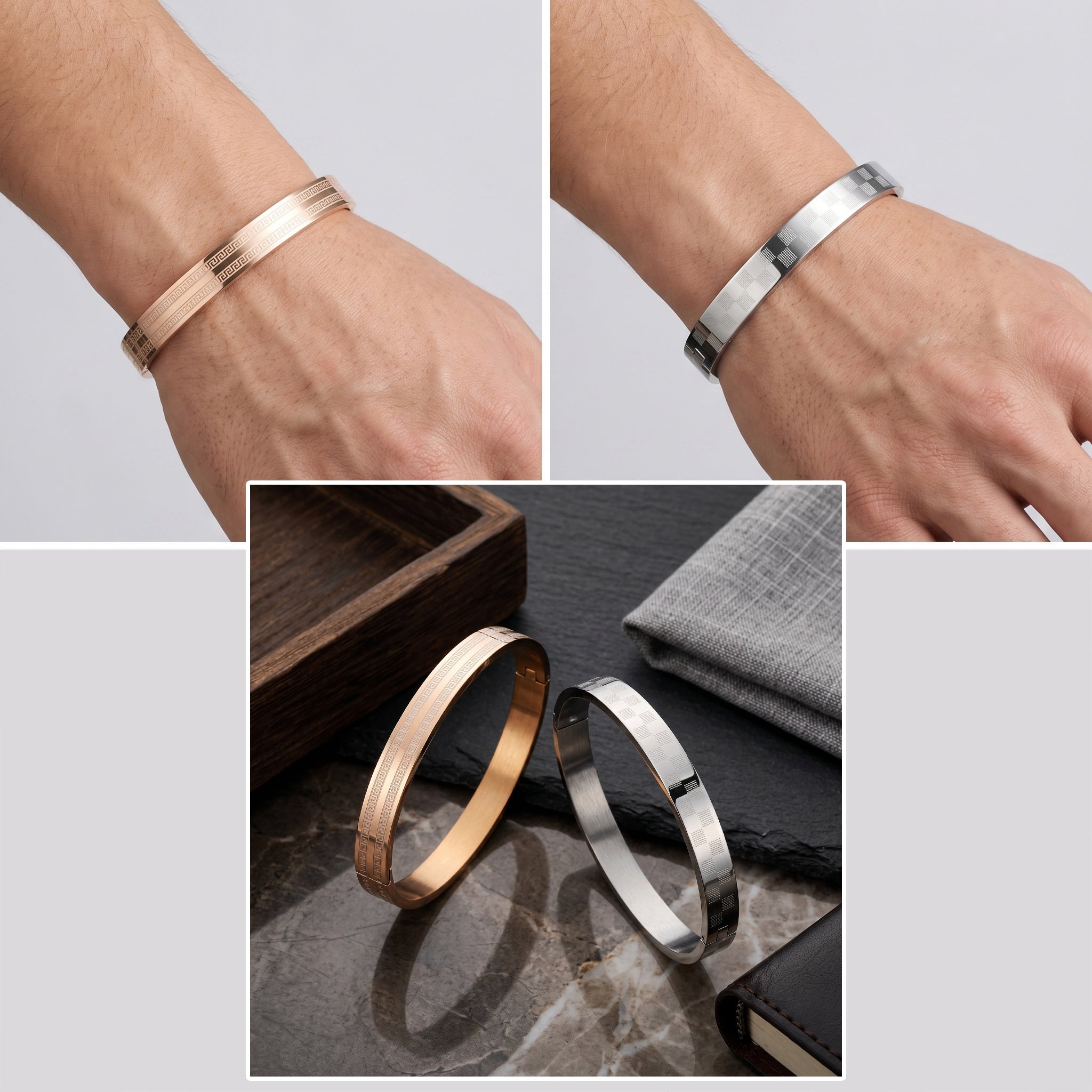 Axiom Edge Cuff – Premium Men's Stainless Steel Bracelet in Rose Gold & Silver Finish