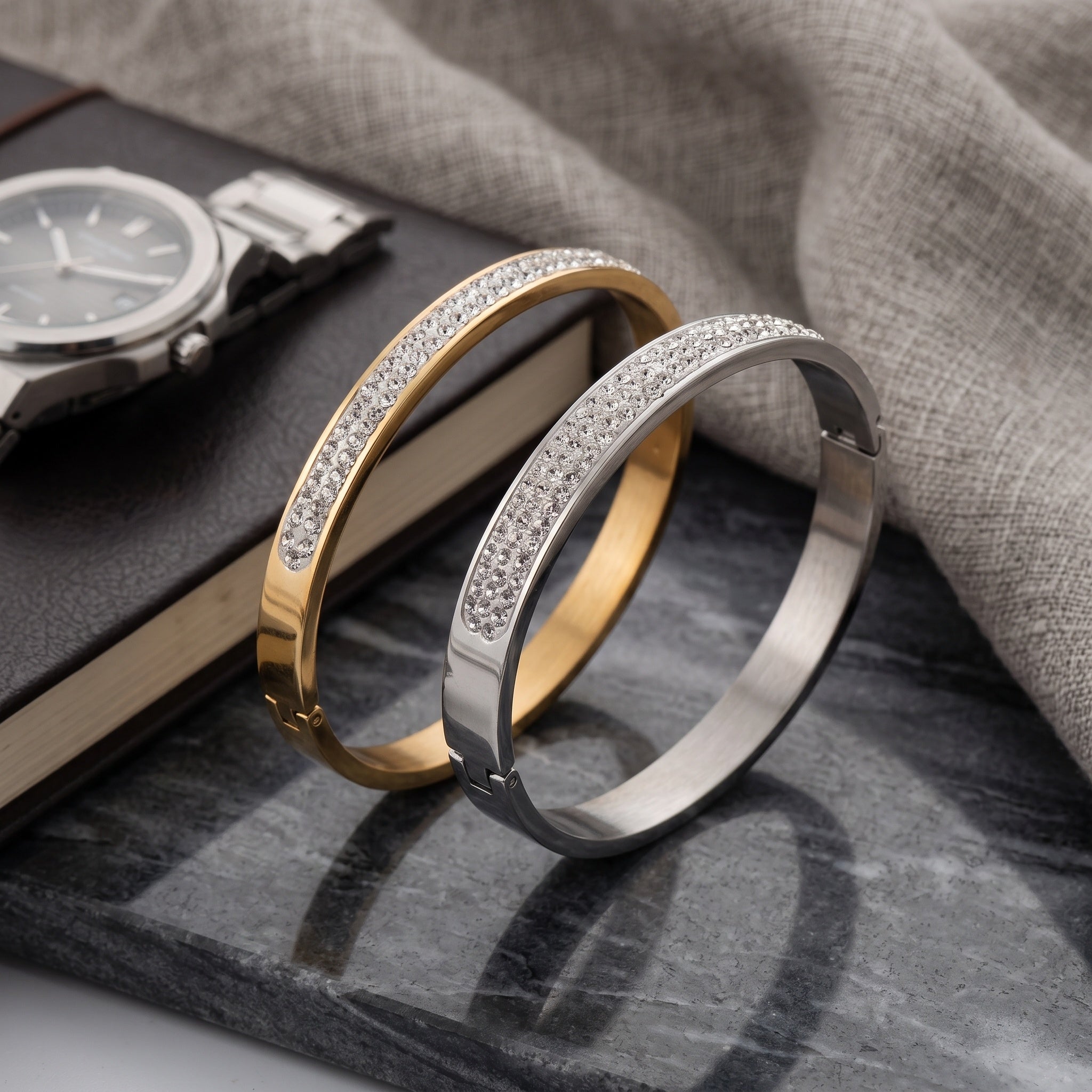 Luxe Prism Cuff – Premium Men's Stainless Steel Crystal Bracelet in Gold & Silver Finish