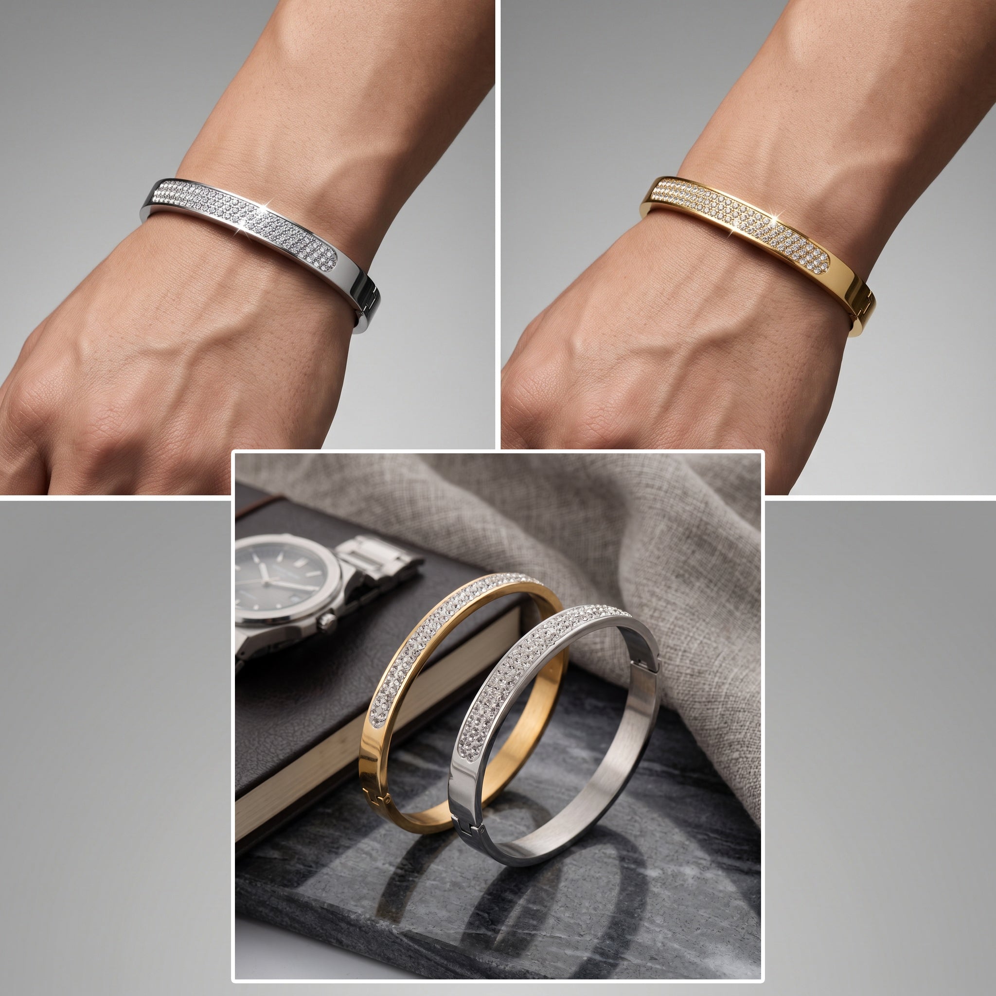 Luxe Prism Cuff – Premium Men's Stainless Steel Crystal Bracelet in Gold & Silver Finish
