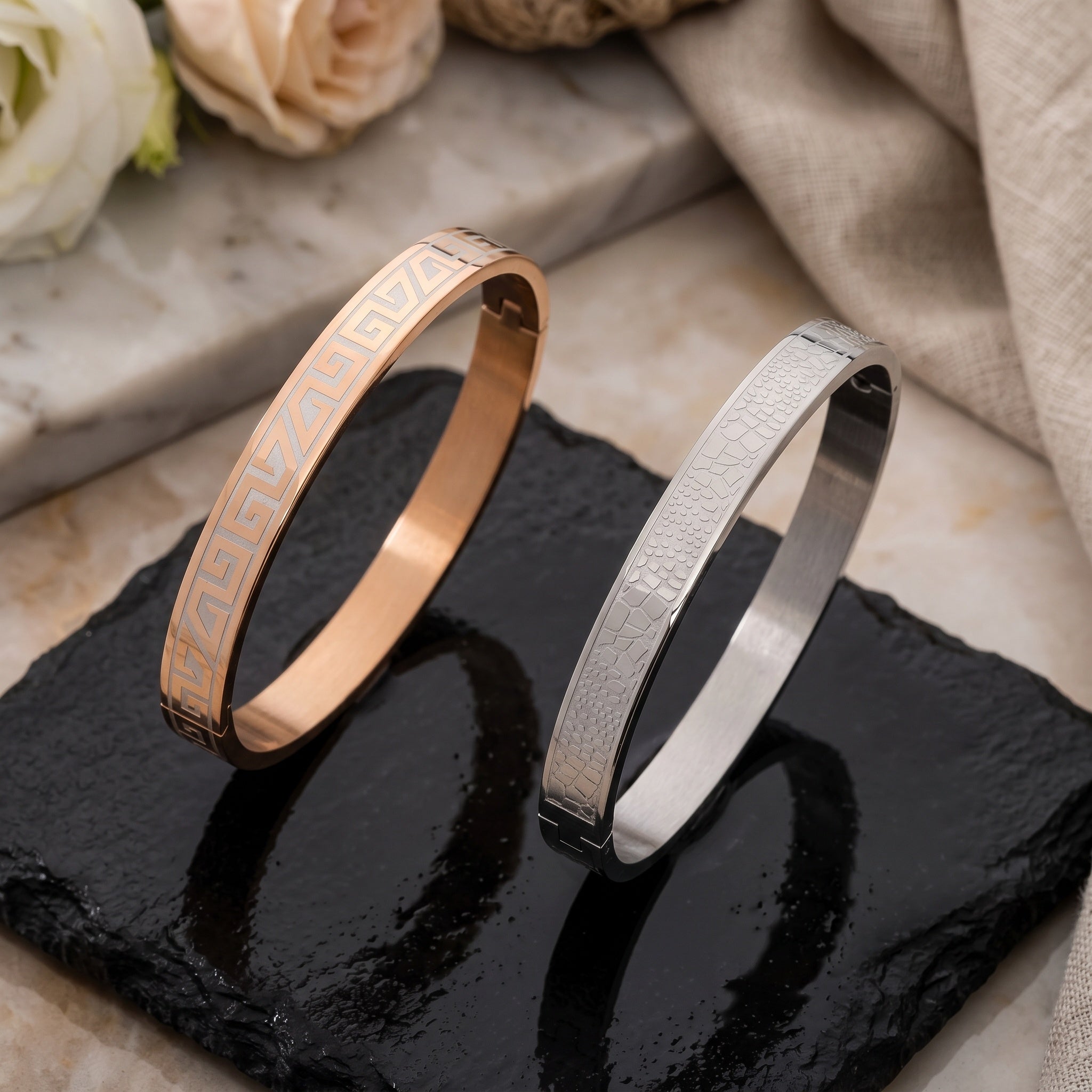Imperio Edge Cuff – Premium Men's Stainless Steel Engraved Bracelet in Rose Gold & Silver Finish