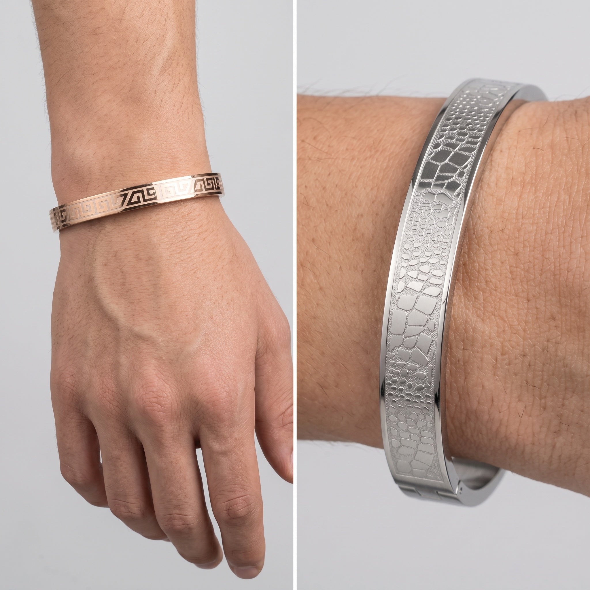 Imperio Edge Cuff – Premium Men's Stainless Steel Engraved Bracelet in Rose Gold & Silver Finish