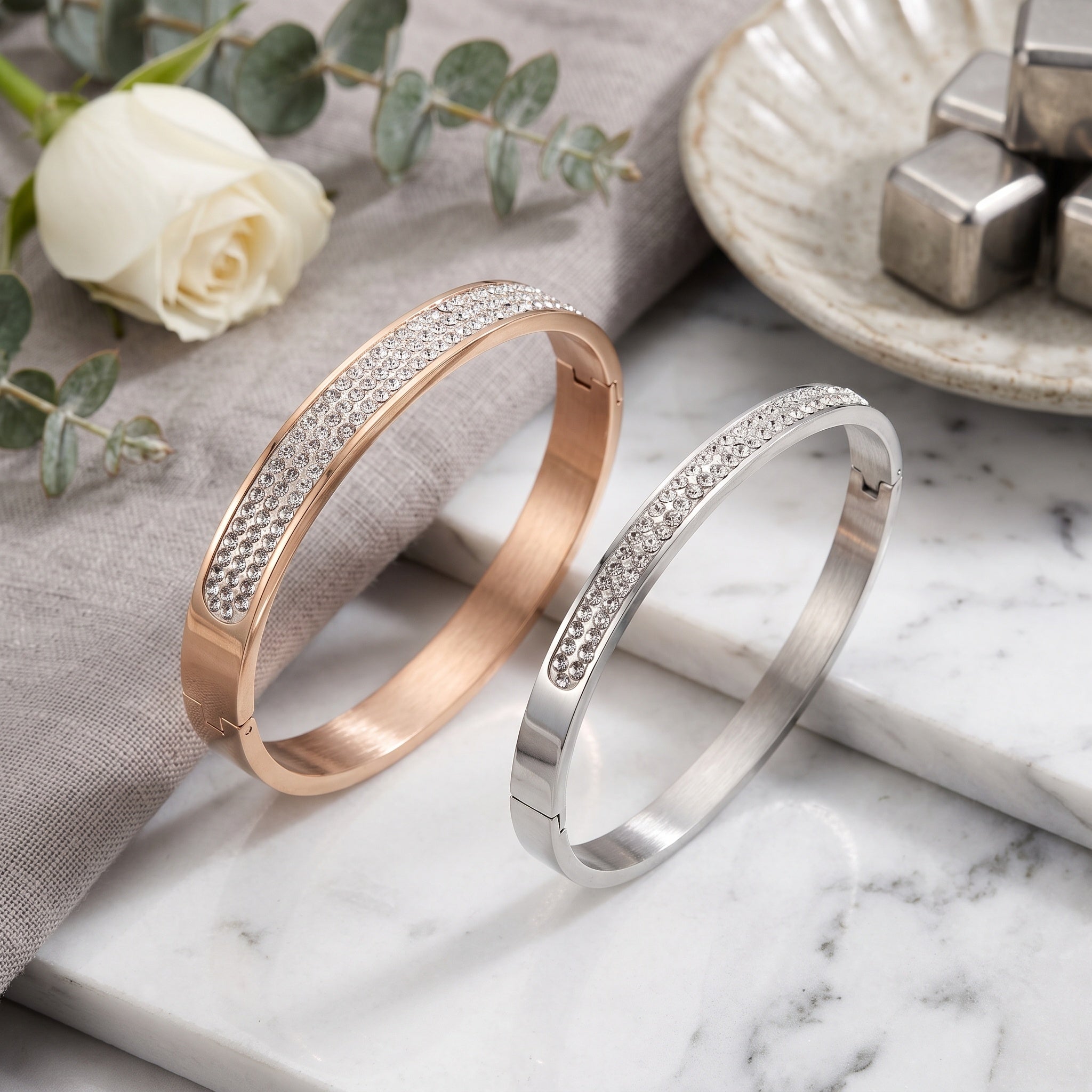 Auric Halo Cuff – Premium Men's Stainless Steel Crystal Bracelet in Rose Gold & Silver Finish