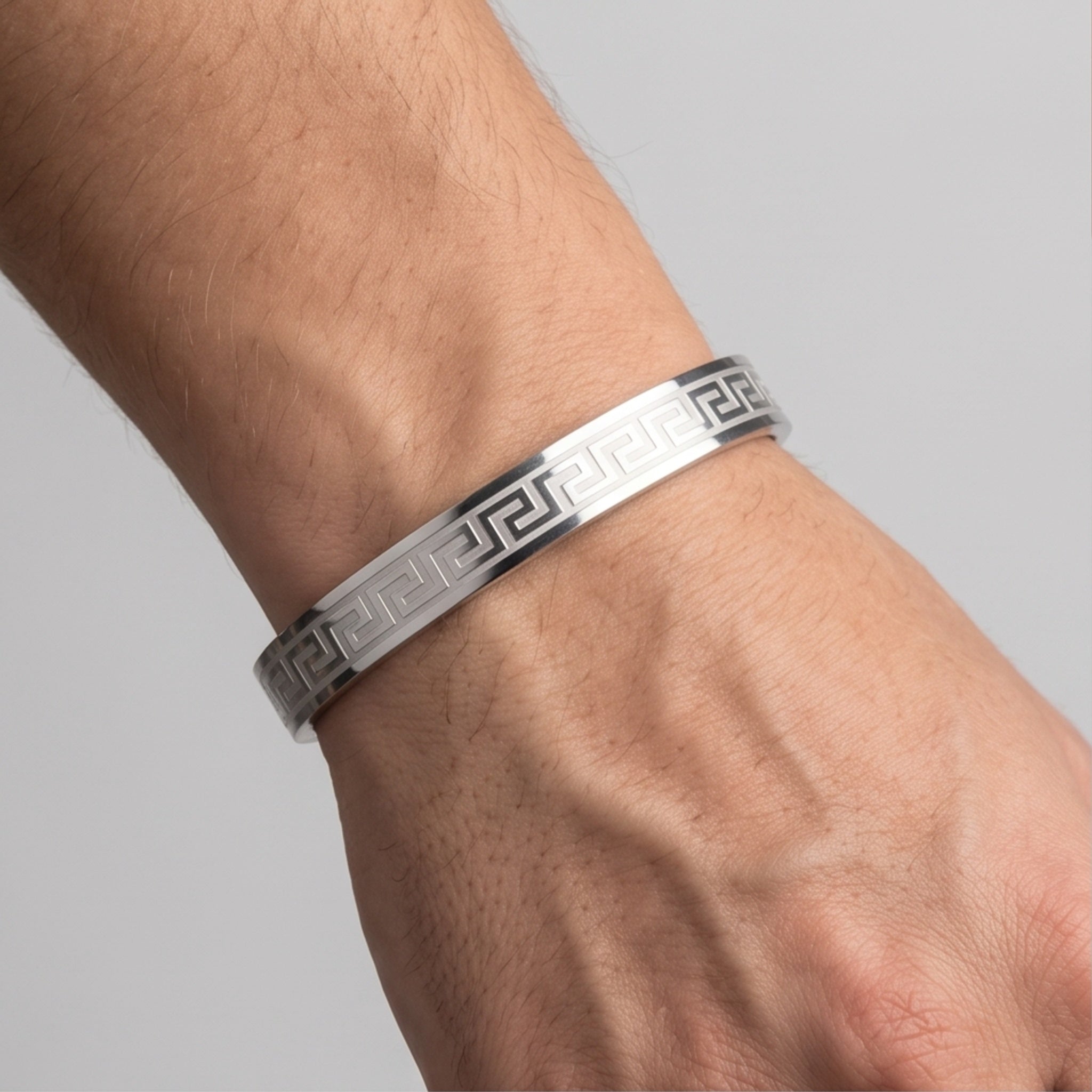 Helix Royale Cuff – Premium Men's Stainless Steel Greek Key Bracelet in Silver & Rose Gold Finish