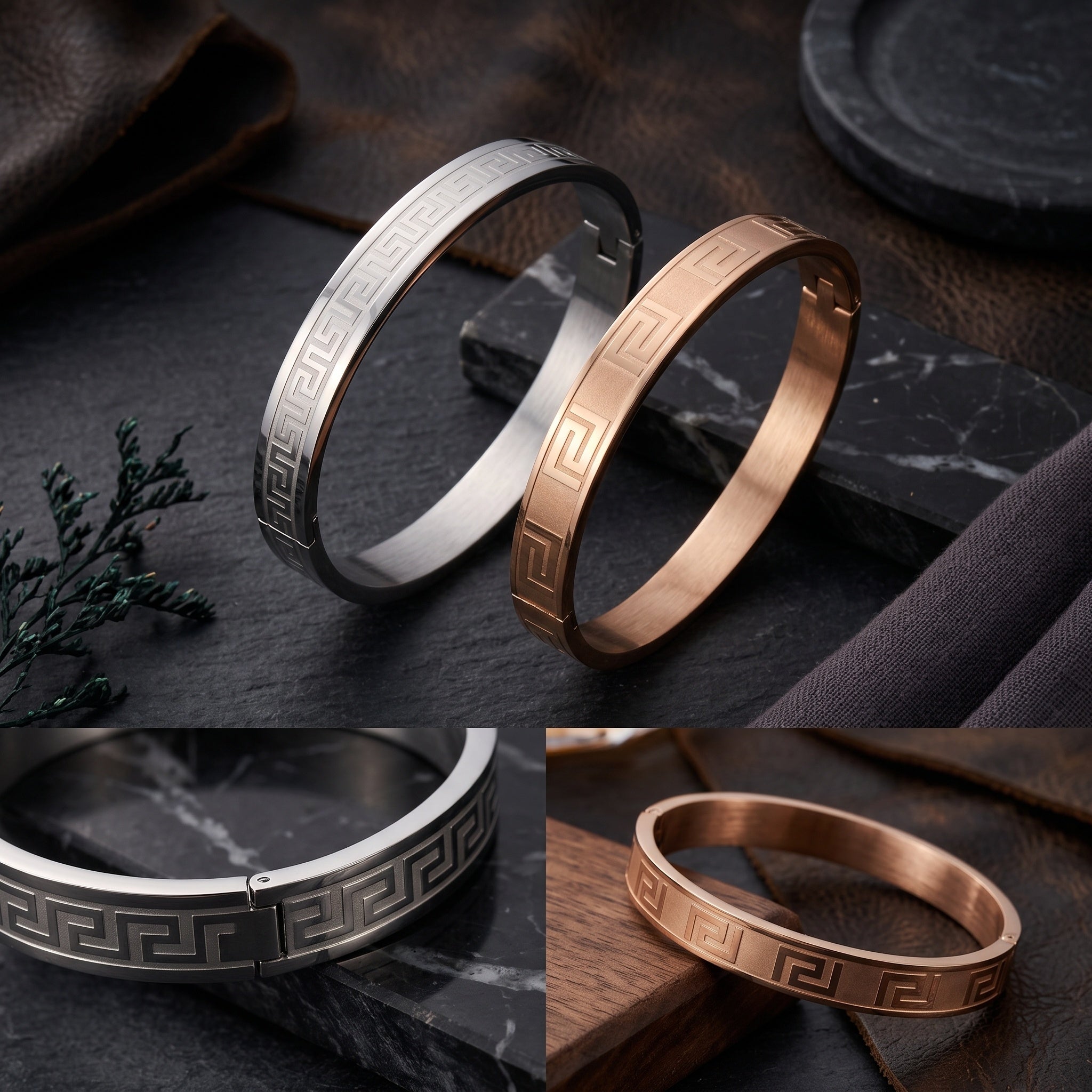 Helix Royale Cuff – Premium Men's Stainless Steel Greek Key Bracelet in Silver & Rose Gold Finish