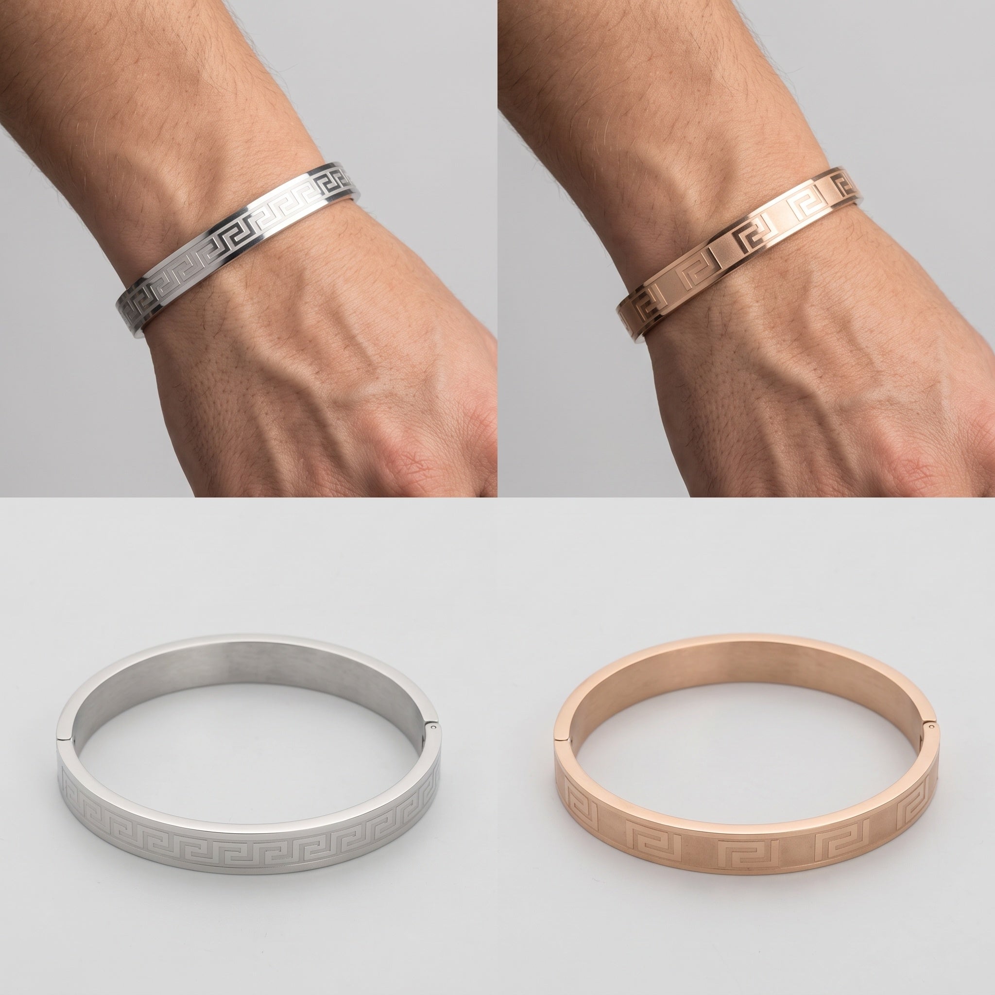 Helix Royale Cuff – Premium Men's Stainless Steel Greek Key Bracelet in Silver & Rose Gold Finish