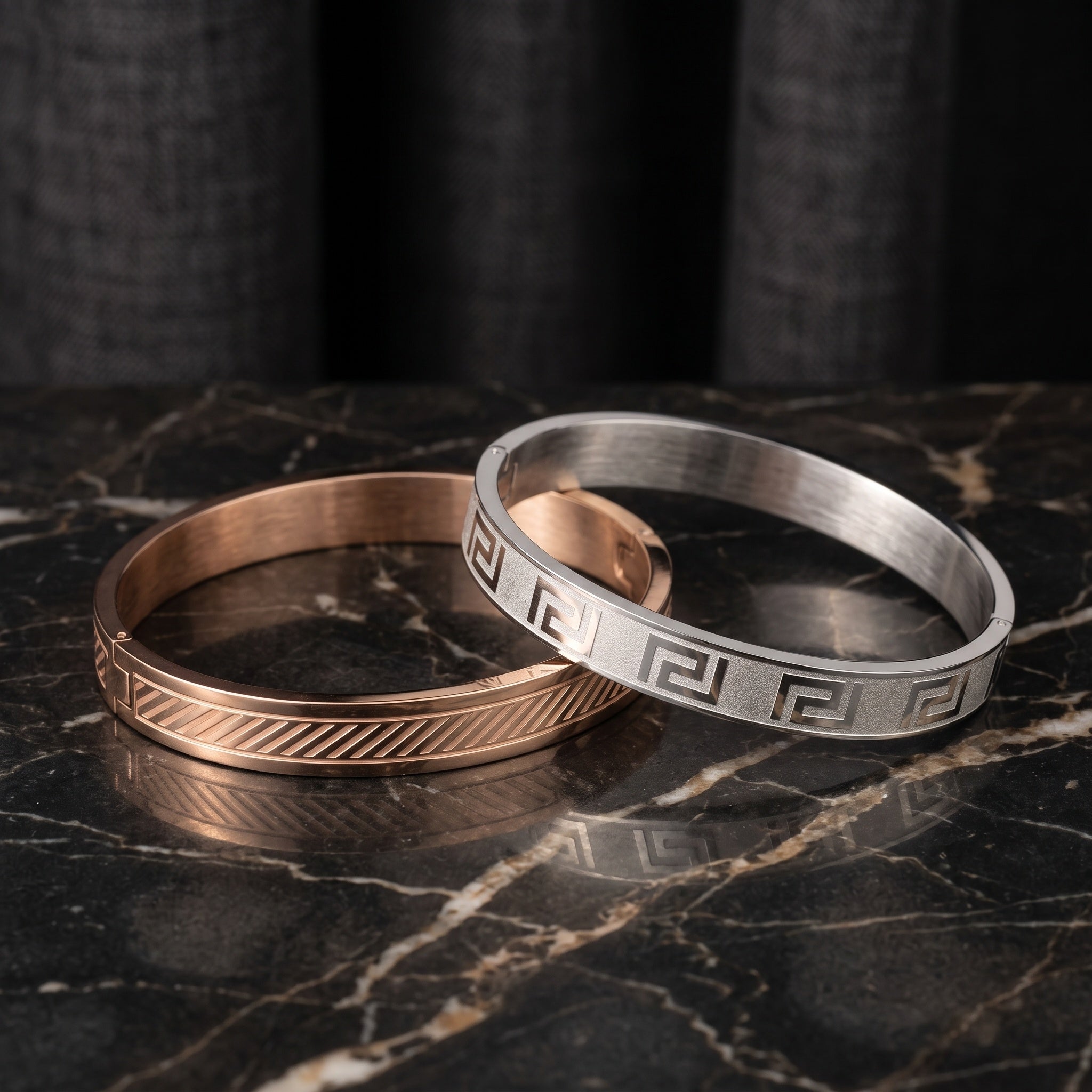 Aureon Edge Cuff – Premium Men's Stainless Steel Engraved Bracelet in Silver & Rose Gold Finish