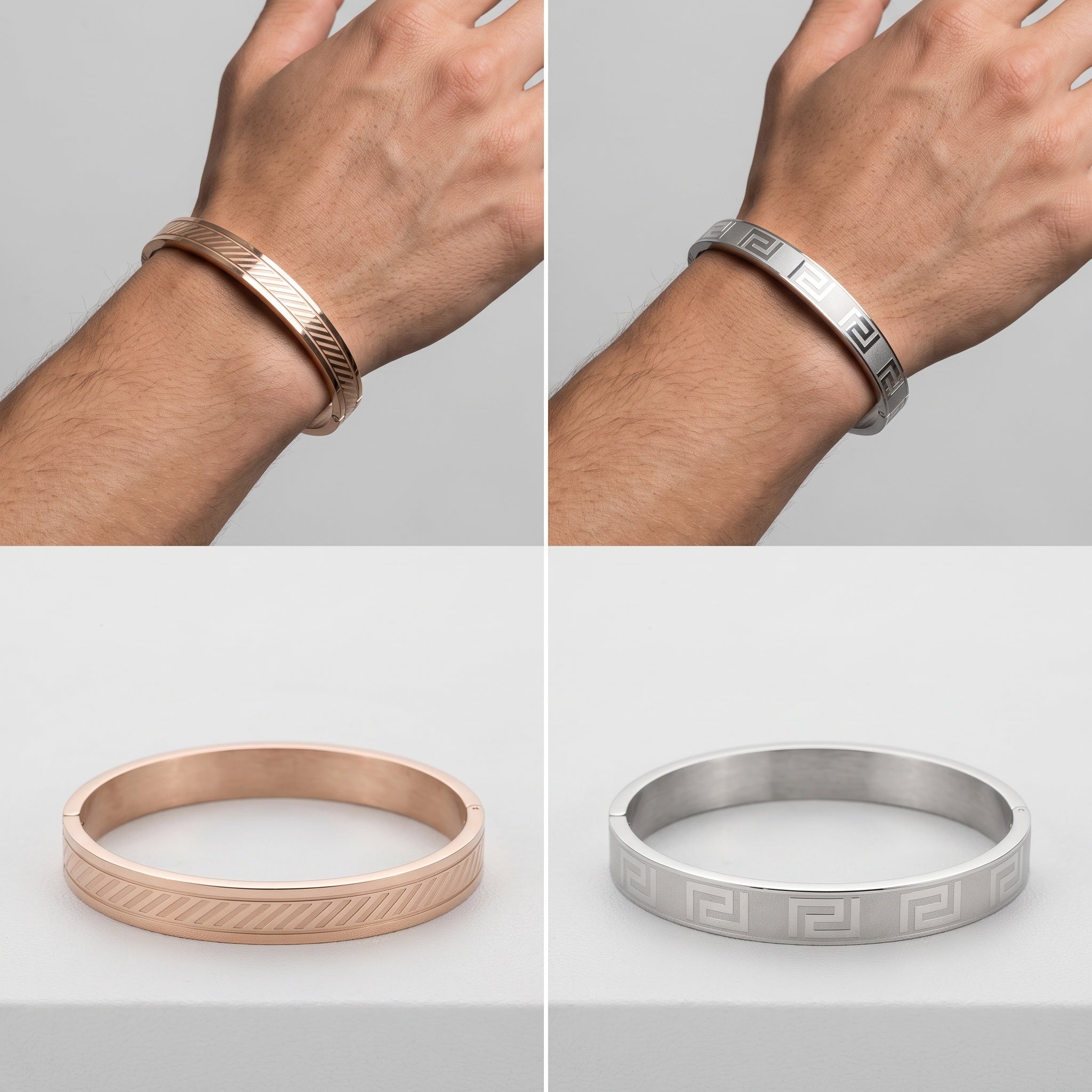 Aureon Edge Cuff – Premium Men's Stainless Steel Engraved Bracelet in Silver & Rose Gold Finish