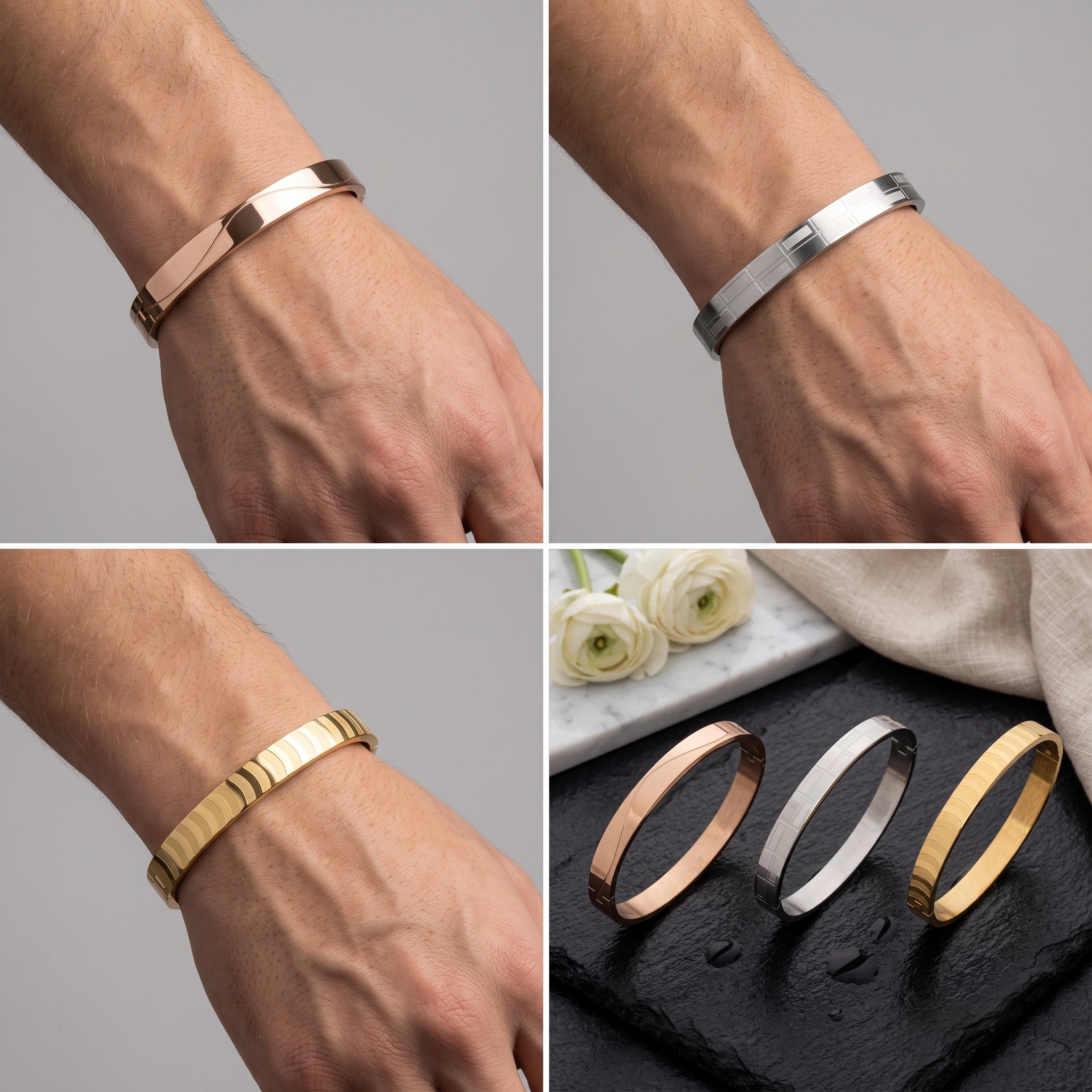Trinity Luxe Combo – Premium Men's Stainless Steel Bracelet Combo in Gold, Silver & Rose Gold