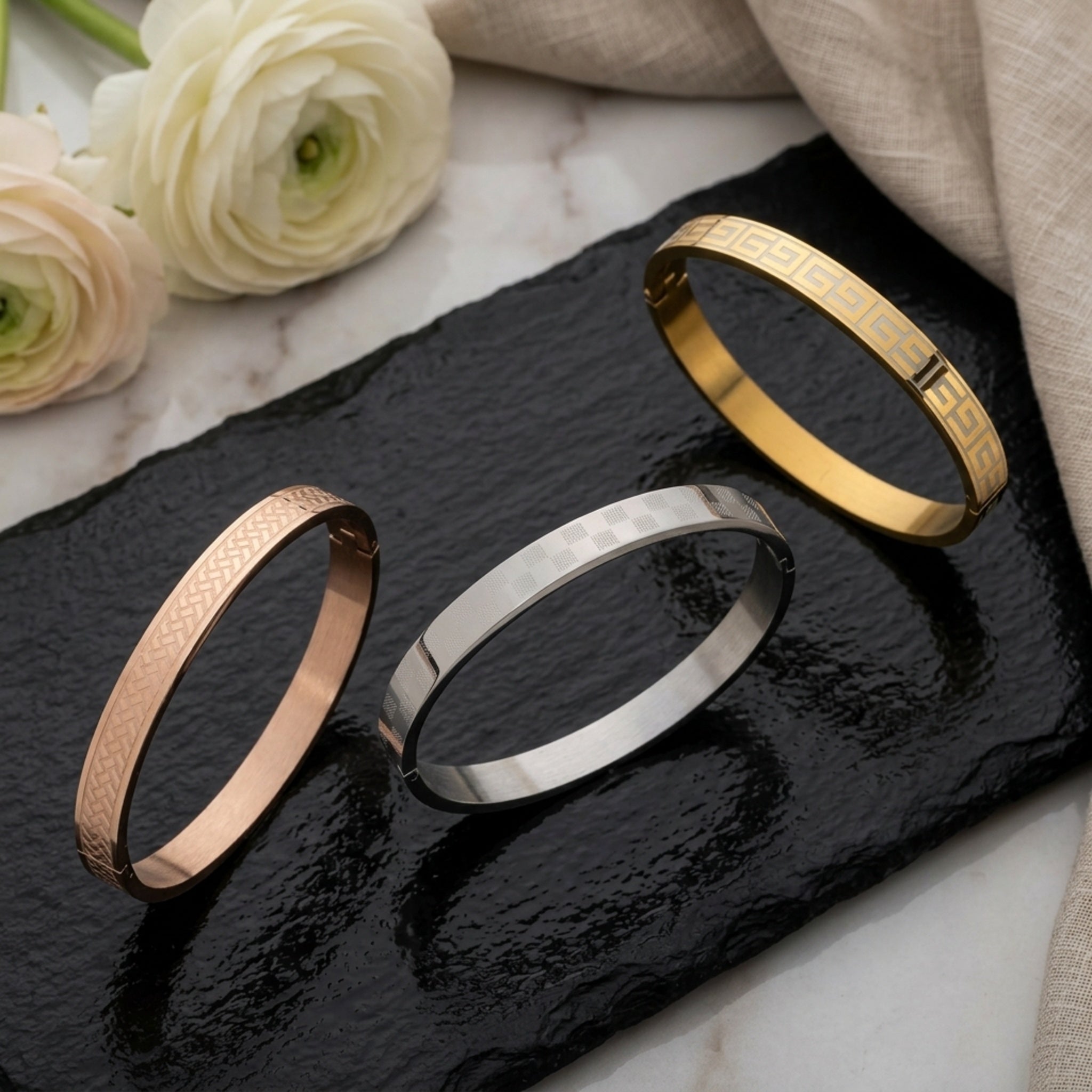 Trinity Luxe Combo – Premium Men's Stainless Steel Bracelet Combo in Gold, Silver & Rose Gold