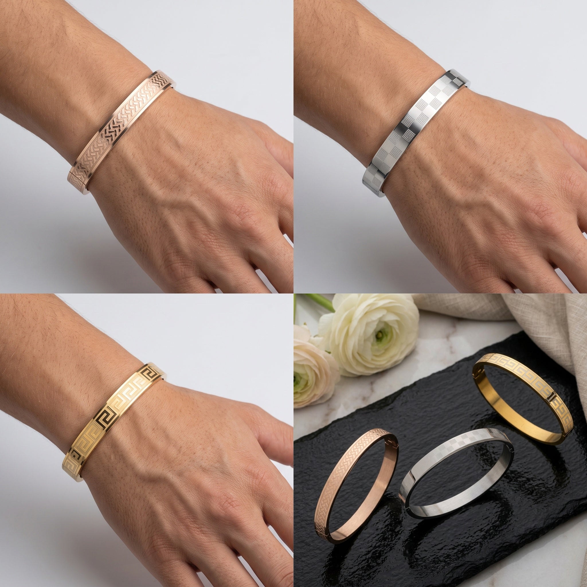 Trinity Luxe Combo – Premium Men's Stainless Steel Bracelet Combo in Gold, Silver & Rose Gold