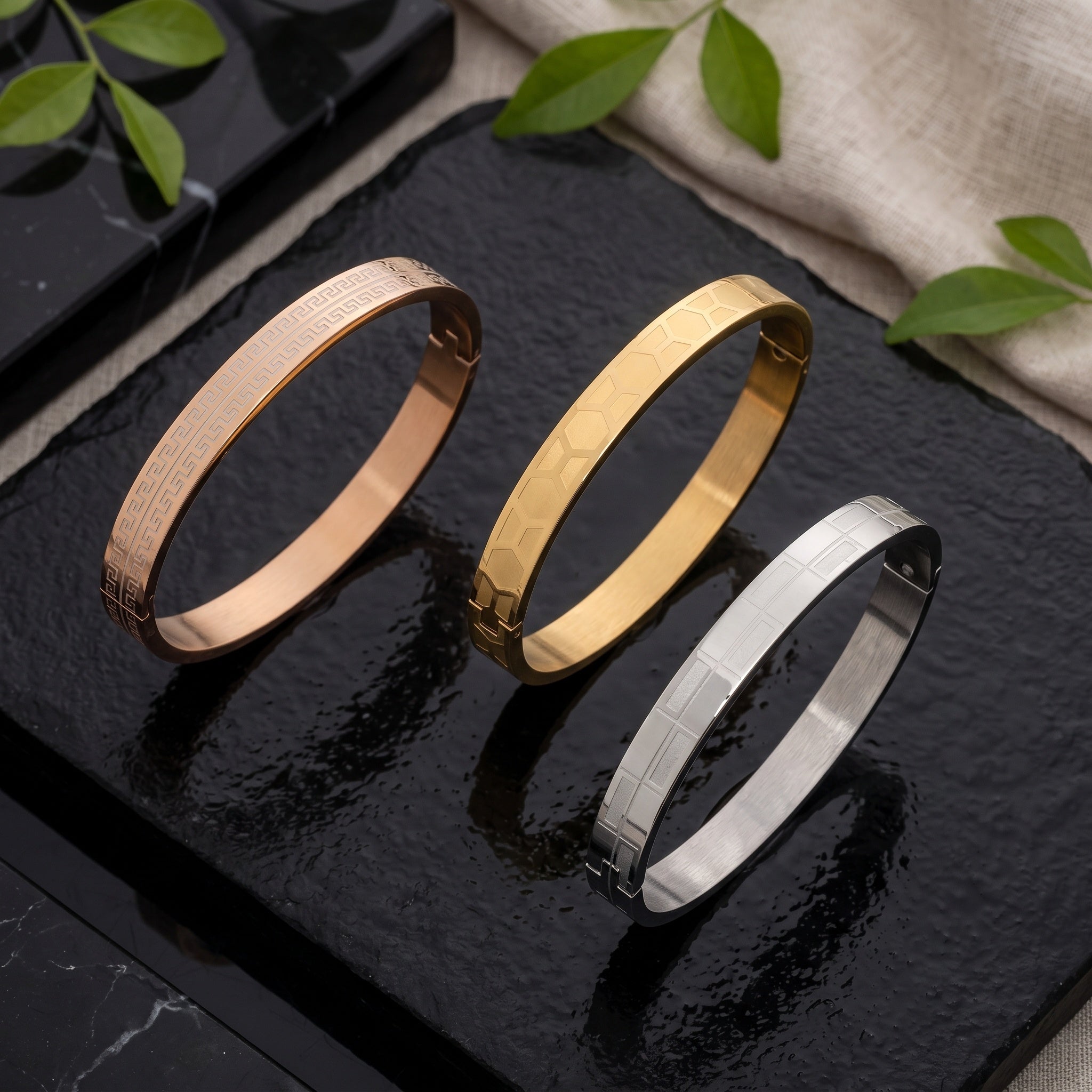 Trinity Edge Combo – Premium Men's Bracelet Combo in Gold, Rose Gold & Silver Finish