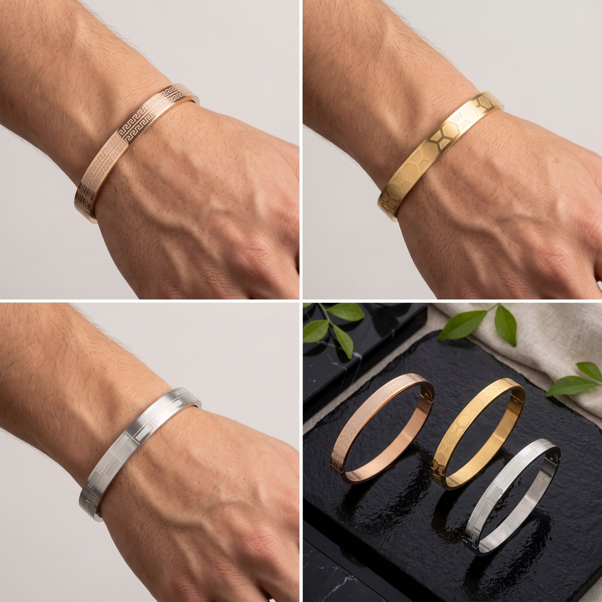 Trinity Edge Combo – Premium Men's Bracelet Combo in Gold, Rose Gold & Silver Finish
