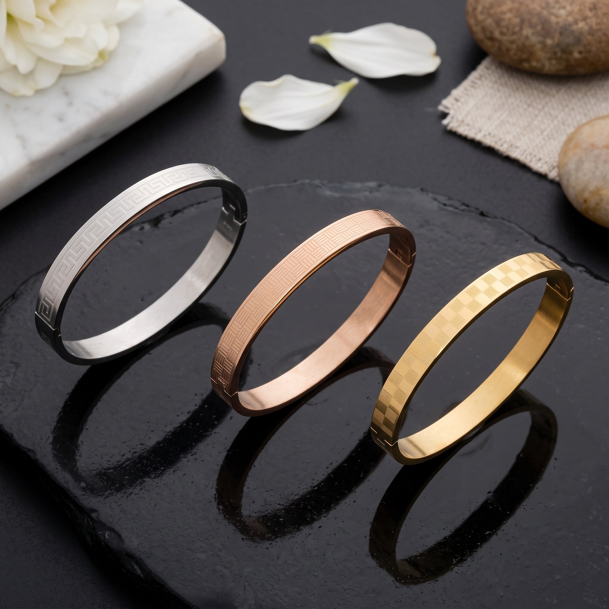 Regal Trinity Combo – Premium Men's Stainless Steel Bracelet Combo Set in Gold, Silver & Rose Gold