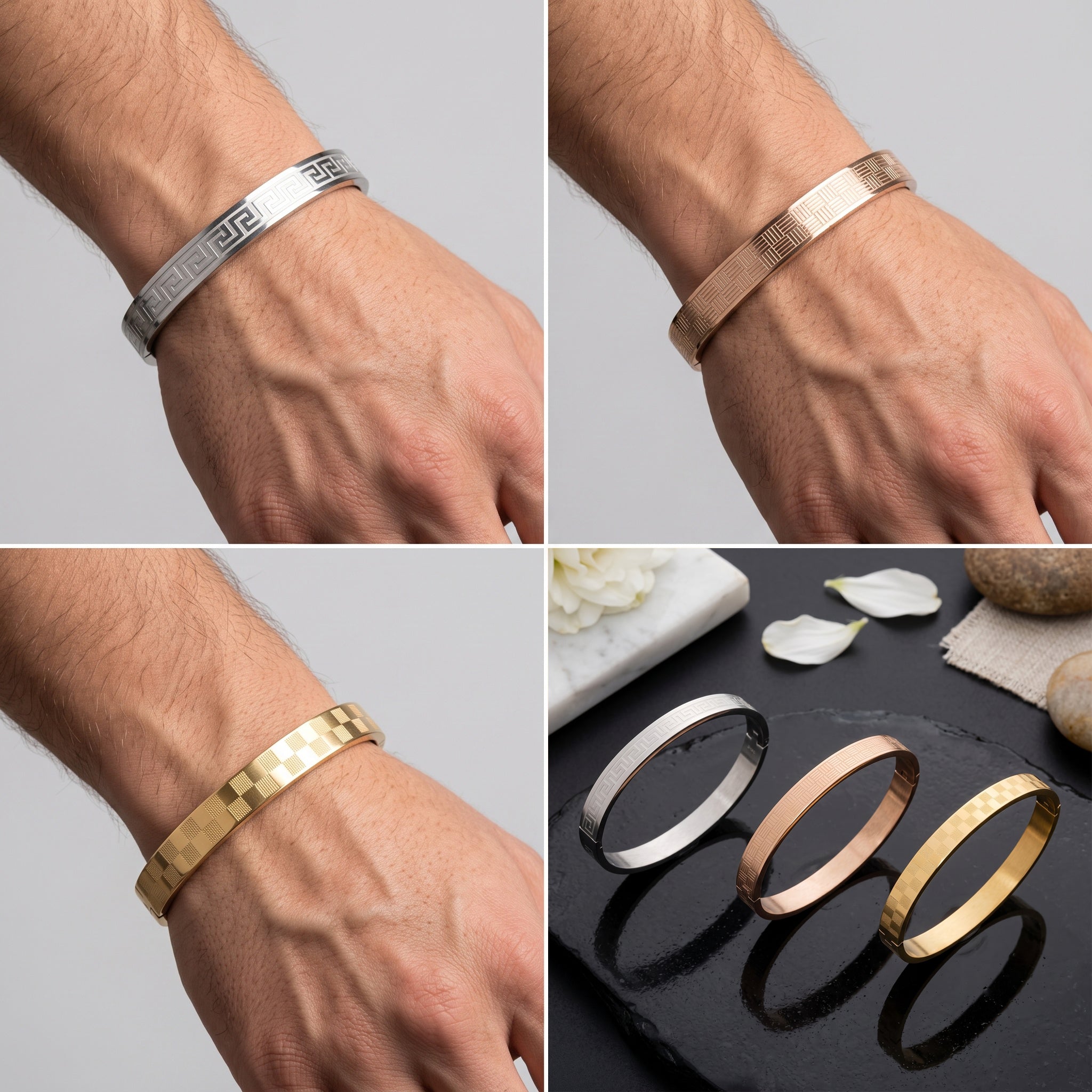 Regal Trinity Combo – Premium Men's Stainless Steel Bracelet Combo Set in Gold, Silver & Rose Gold