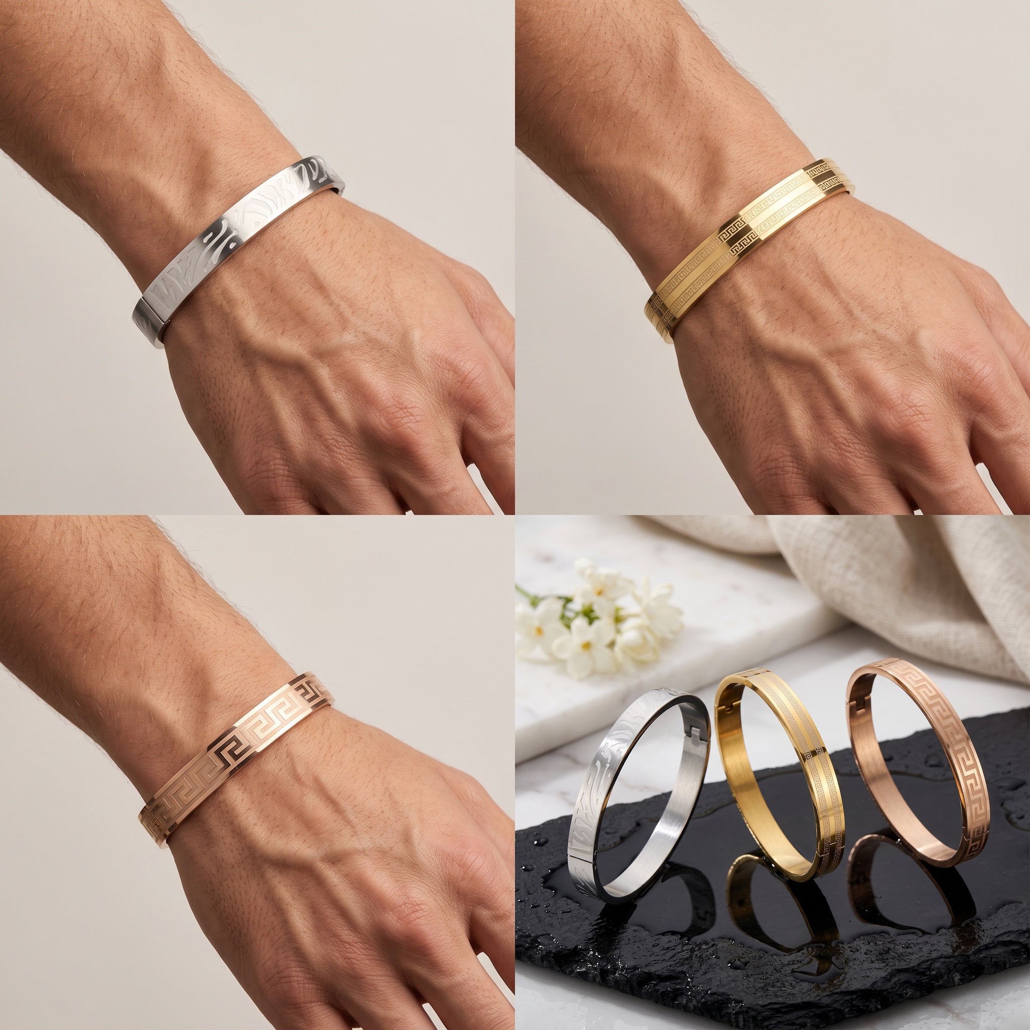 Aurex Cuff Combo – Premium Men's Stainless Steel Engraved Open Cuff Bracelet Set (3-Piece)