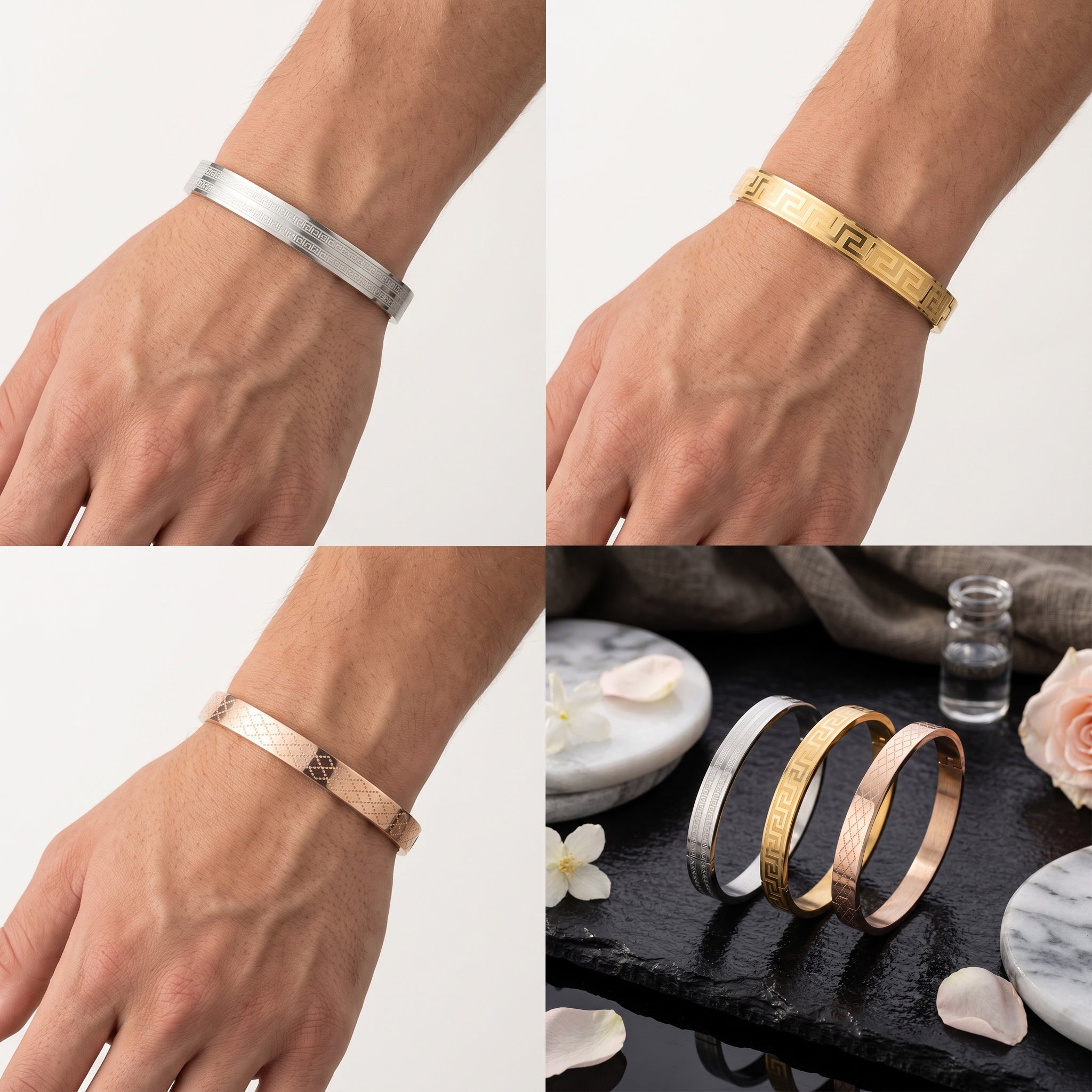 Virello Cuff Combo – Premium Men's Stainless Steel Engraved Open Cuff Bracelet Set (3-Piece)