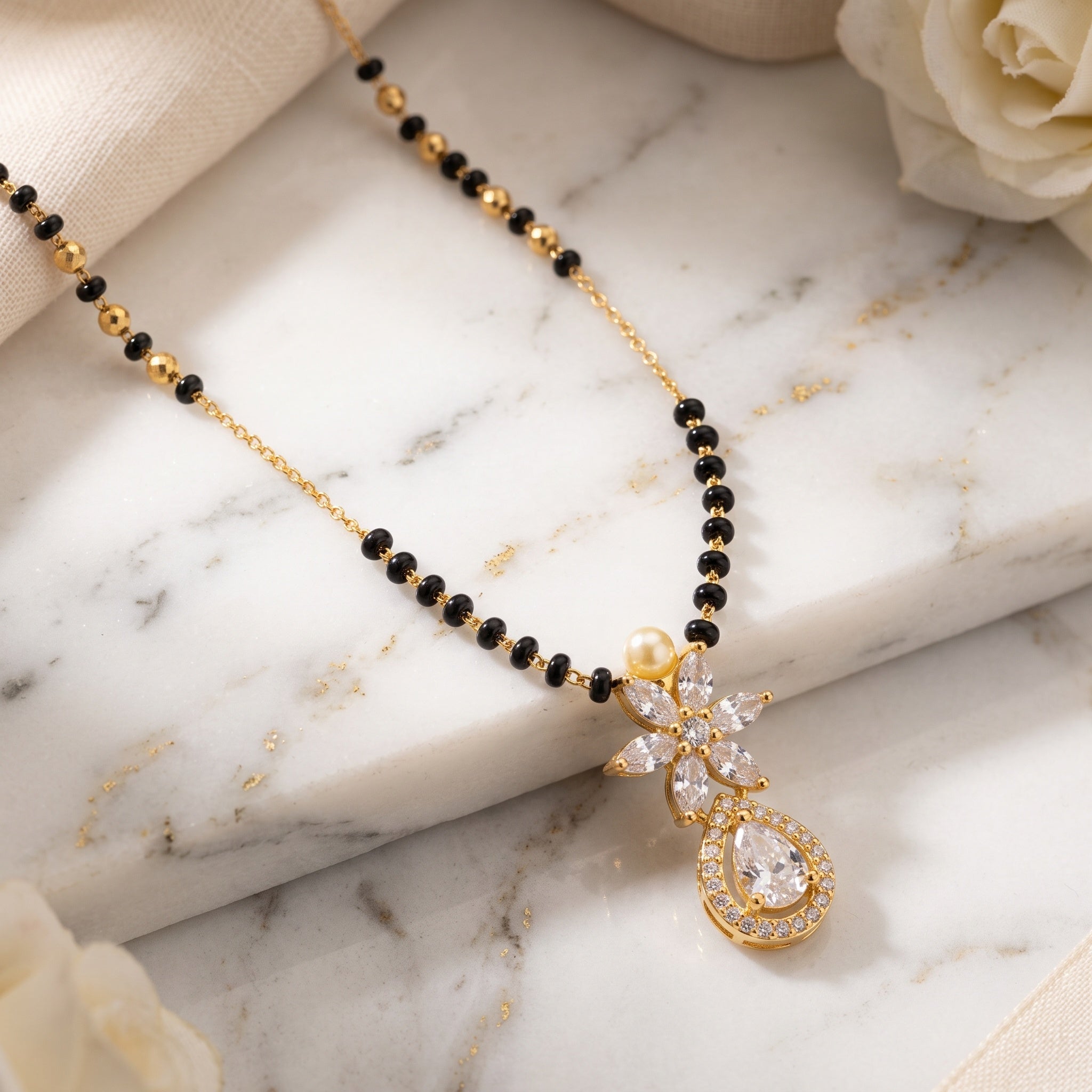 Pearl Blossom – Premium Gold Finish Floral CZ Mangalsutra for Women