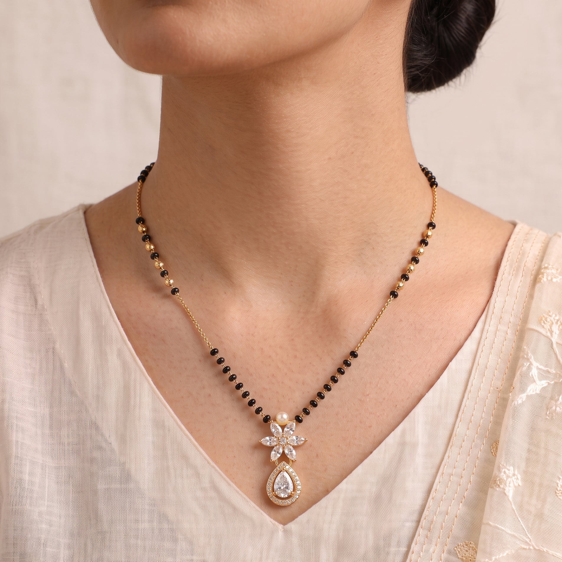 Pearl Blossom – Premium Gold Finish Floral CZ Mangalsutra for Women