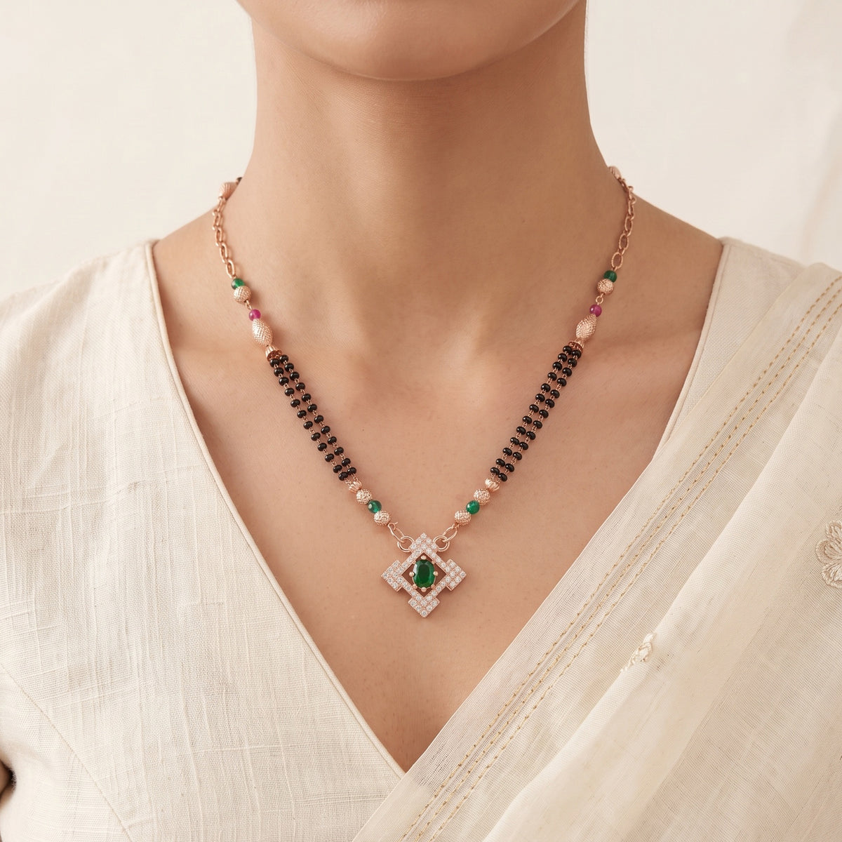 Emerald Halo – Premium Women's Mangalsutra in Rose Gold