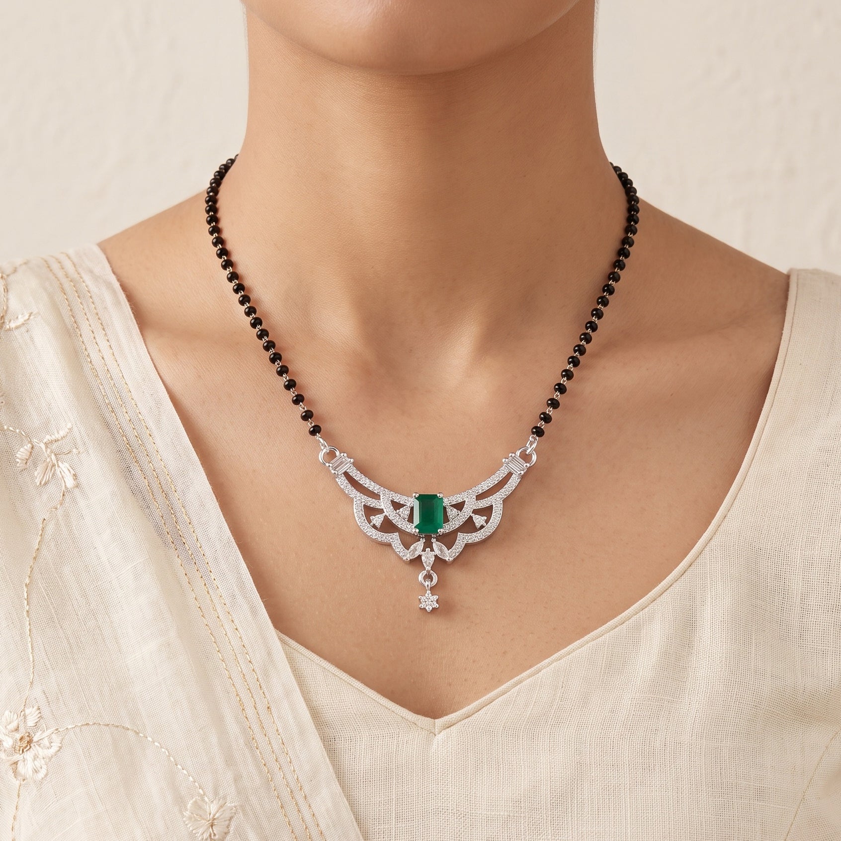 Emerald Grace – Premium Women’s Mangalsutra with Silver-Tone Finish